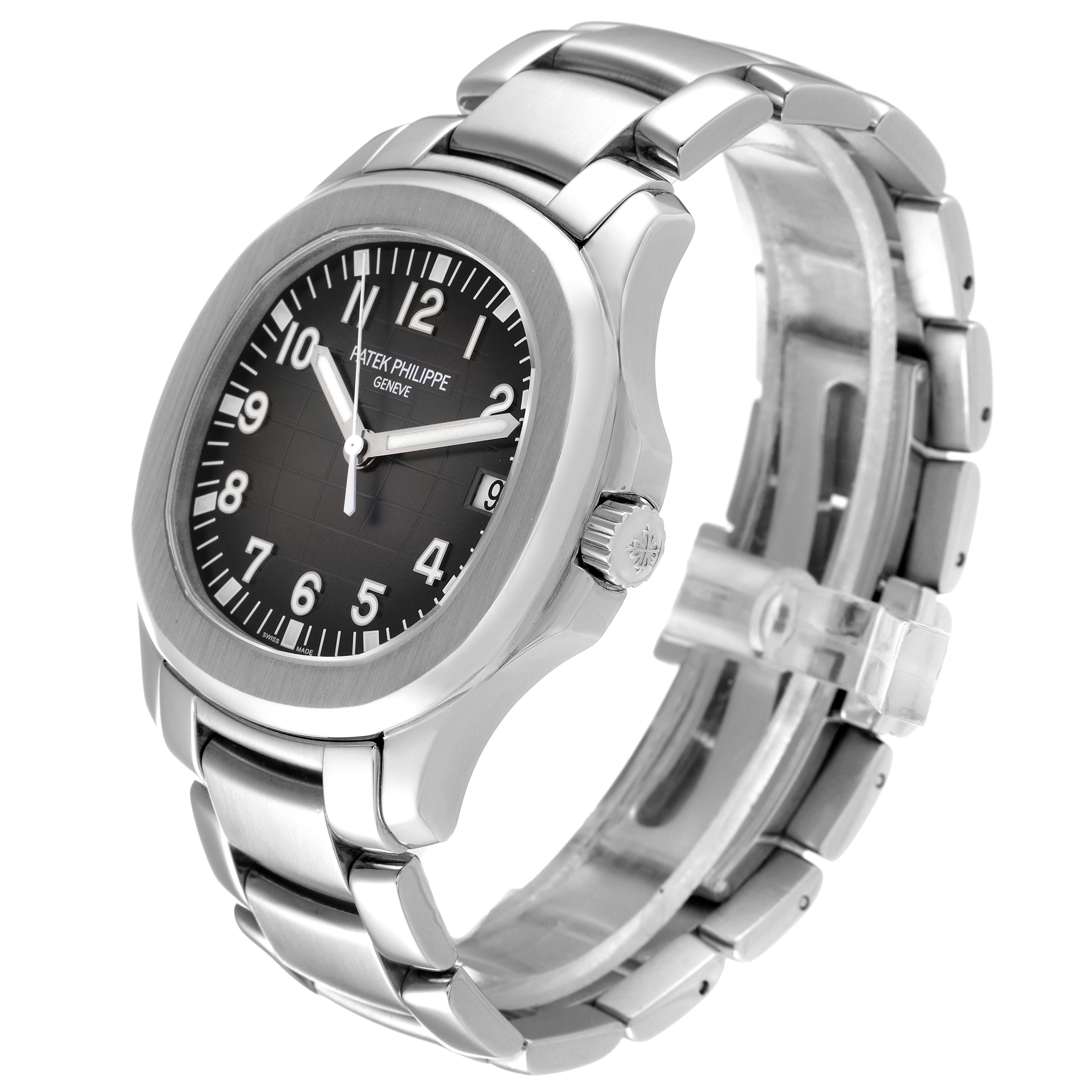 This image shows a Patek Philippe Aquanaut 5167/1A-001 Men's Stainless Steel Black Dial 5167/1A-001 Men's Stainless Steel Black Dial watch angled to display its face, bezel, crown, and stainless steel bracelet.