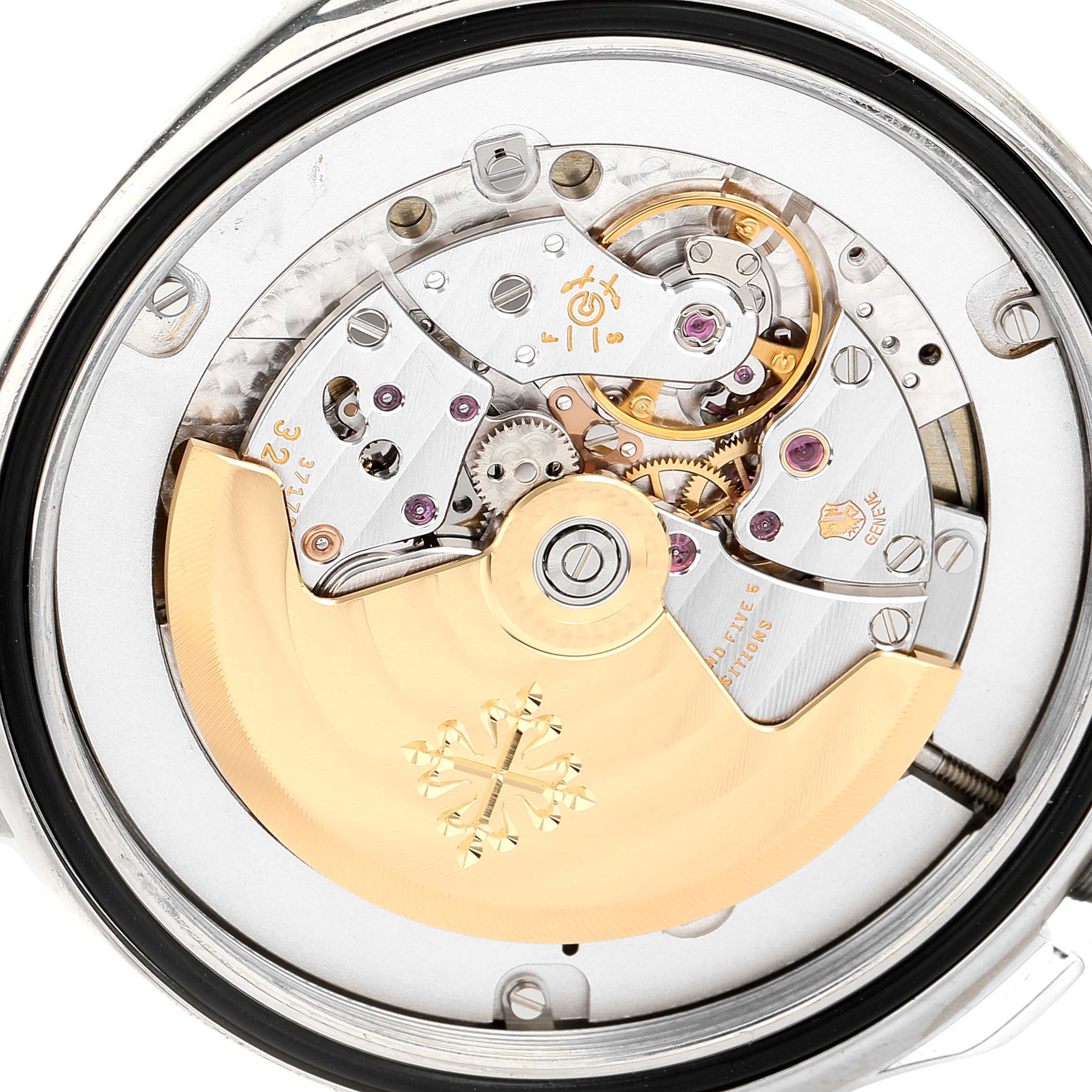 This image shows the intricate internal mechanical movement of a Patek Philippe Aquanaut 5167/1A-001 Men's Stainless Steel Black Dial 5167/1A-001 Men's Stainless Steel Black Dial model watch, viewed from the back case.