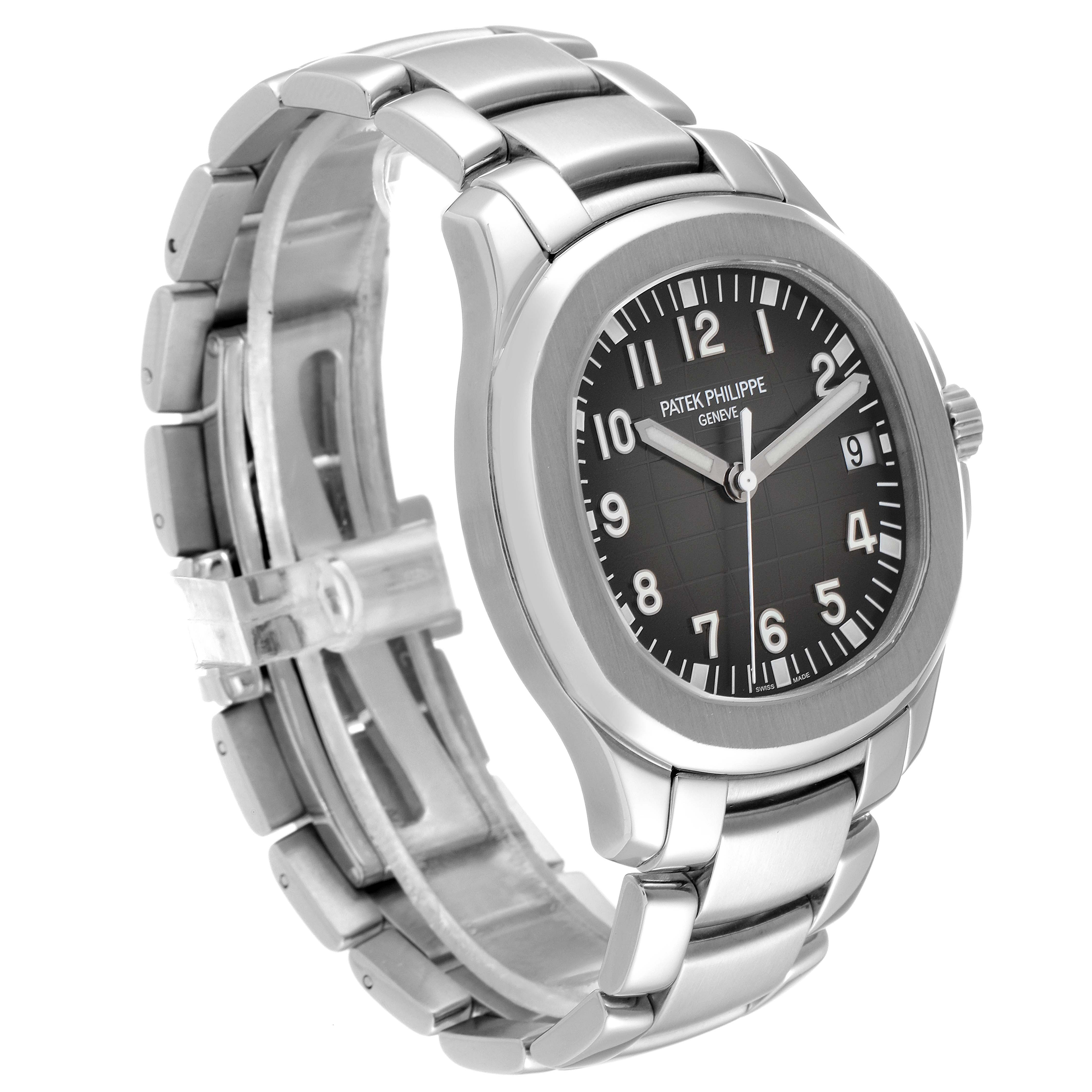 The image shows a front angle view of the Patek Philippe Aquanaut 5167/1A-001 Men's Stainless Steel Black Dial 5167/1A-001 Men's Stainless Steel Black Dial watch, highlighting the dial, case, and metal bracelet.