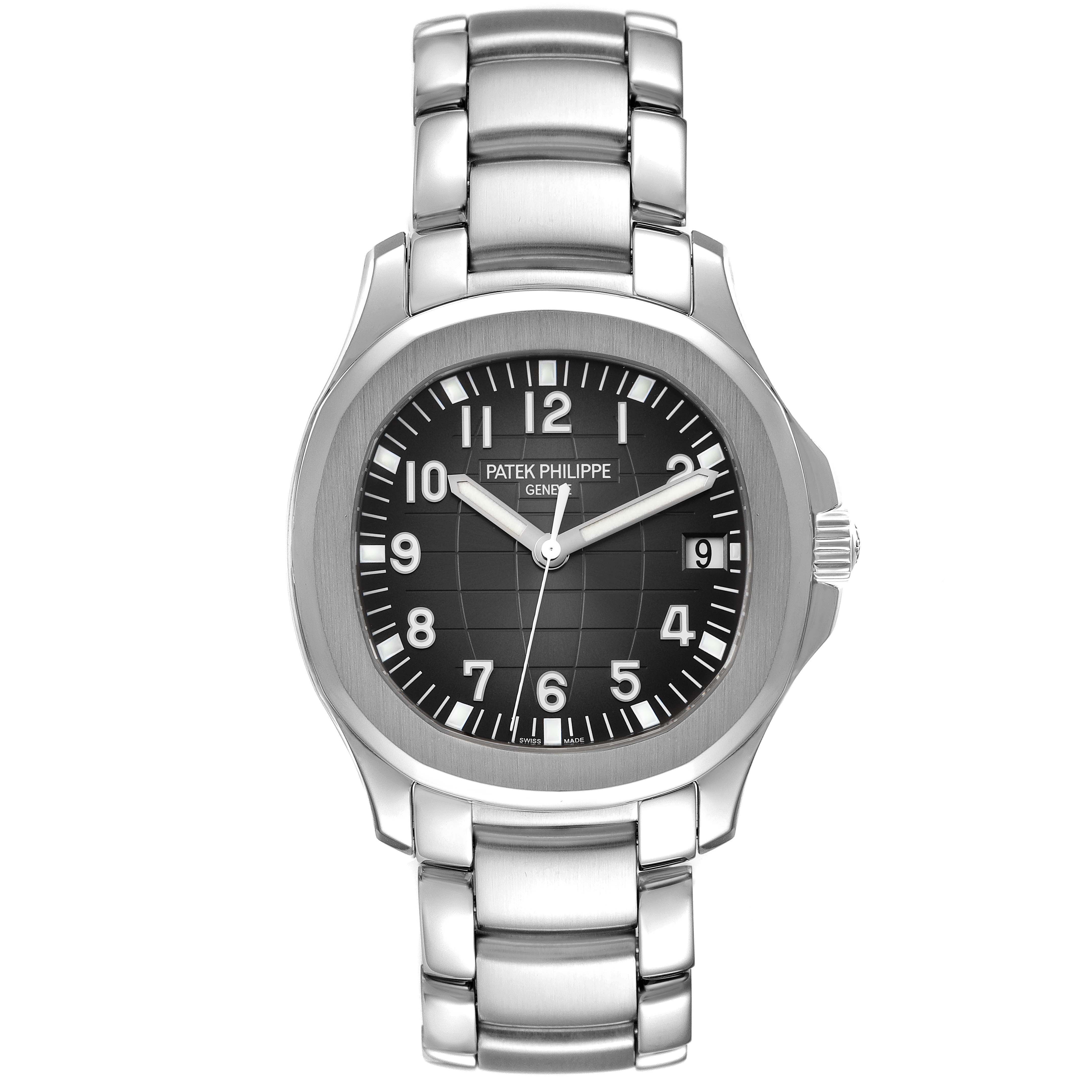 This image shows a front view of a Patek Philippe Aquanaut 5167/1A-001 Men's Stainless Steel Black Dial 5167/1A-001 Men's Stainless Steel Black Dial watch, highlighting its dial, hands, and metal bracelet.