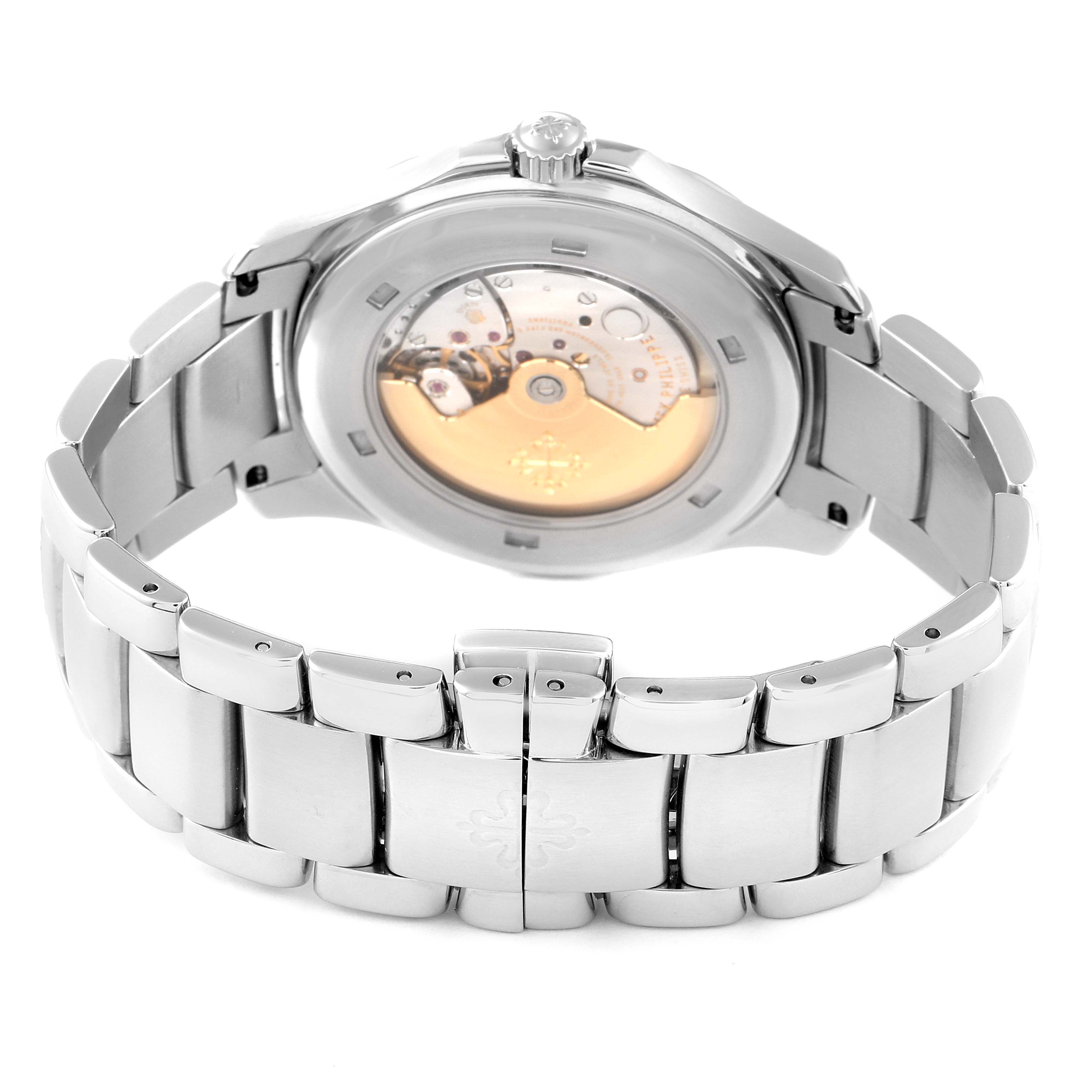 The image shows the back case and bracelet of a Patek Philippe Aquanaut 5167/1A-001 Men's Stainless Steel Black Dial 5167/1A-001 Men's Stainless Steel Black Dial watch, highlighting its movement through a transparent case back.