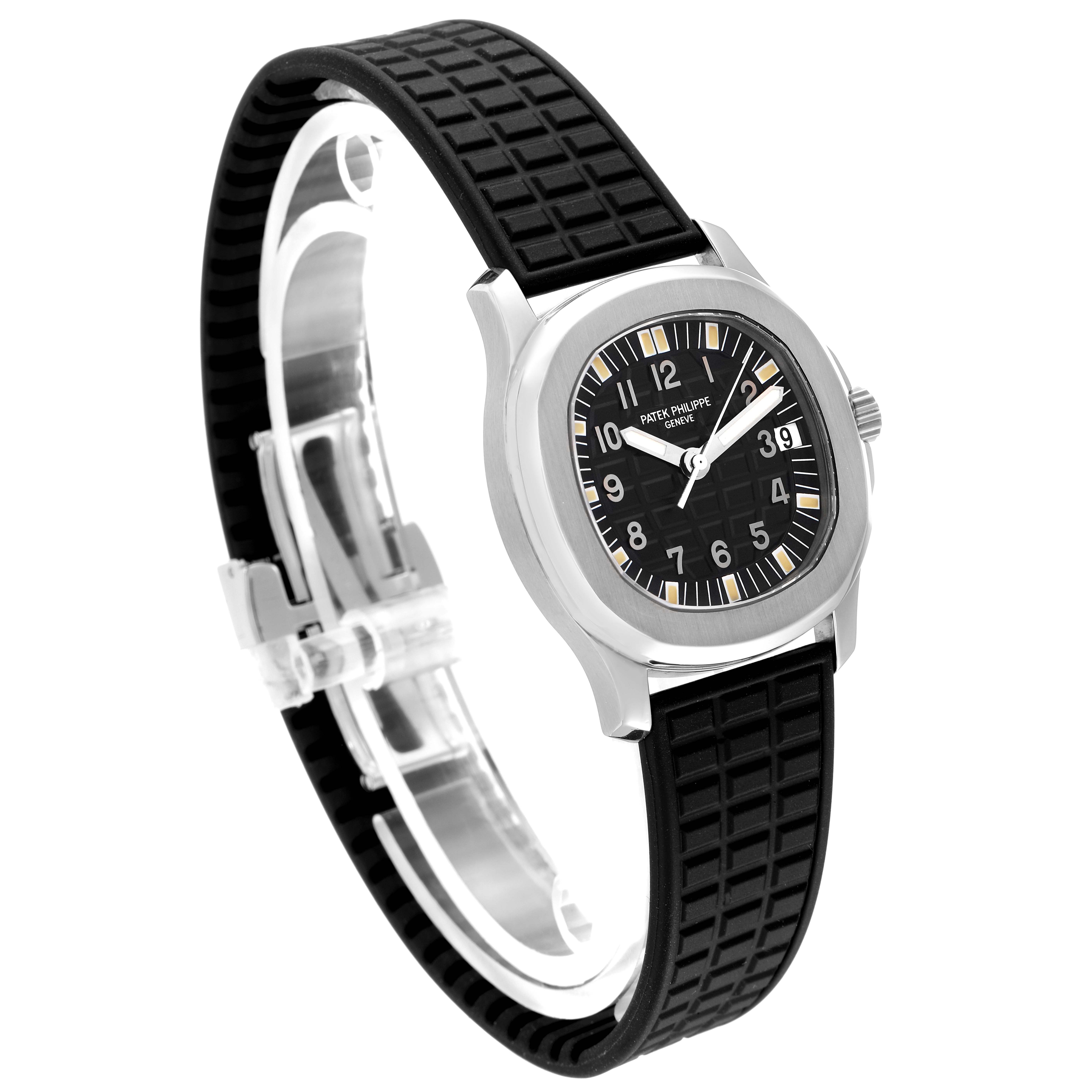 This image shows a side angle of a Patek Philippe Aquanaut 5066A-001 Men
s Stainless Steel Black Dial 5066A-001 Men
s Stainless Steel Black Dial watch, highlighting its black strap and dial.