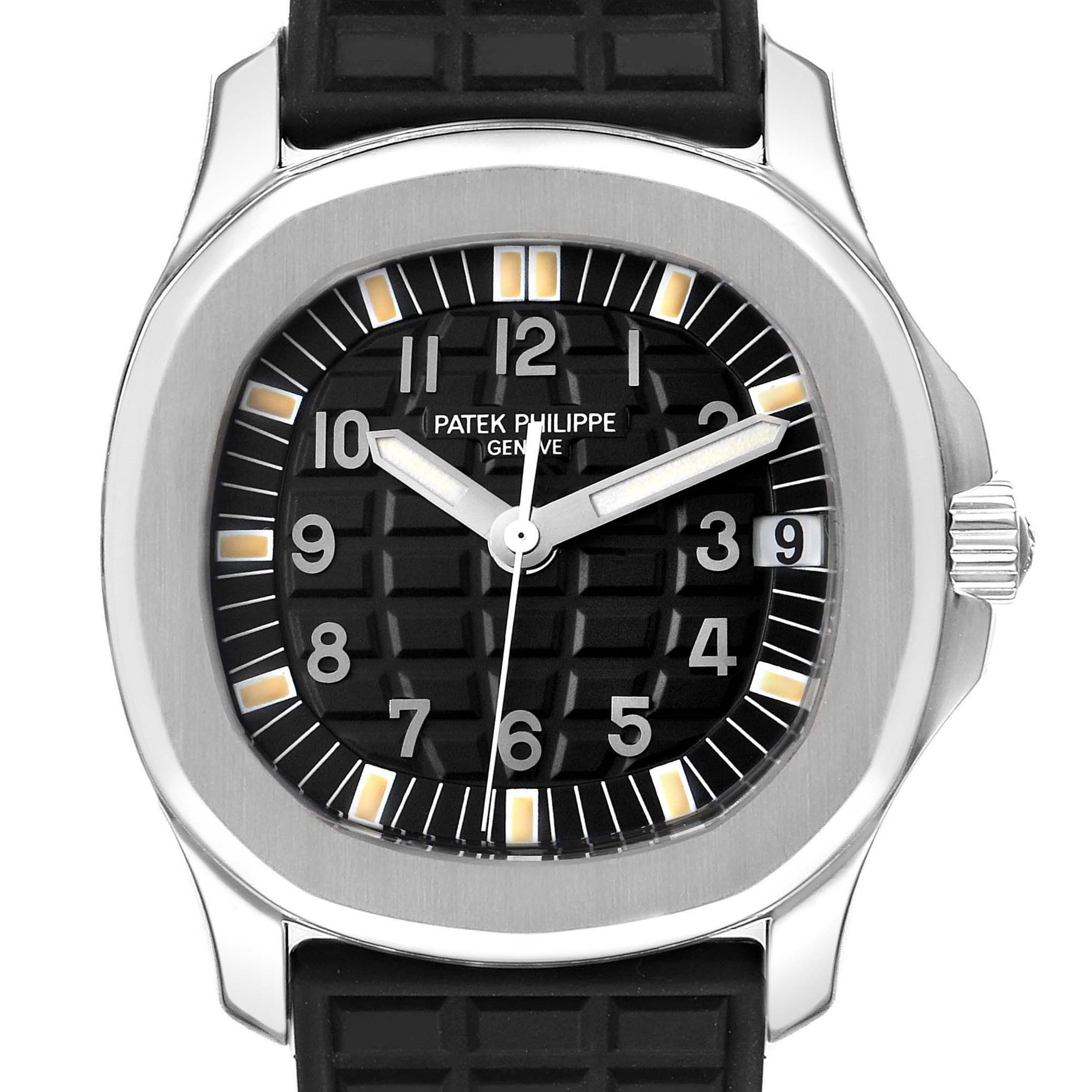The image shows a frontal view of a Patek Philippe Aquanaut 5066A-001 Men
s Stainless Steel Black Dial 5066A-001 Men
s Stainless Steel Black Dial watch, detailing the dial, hands, and case.
