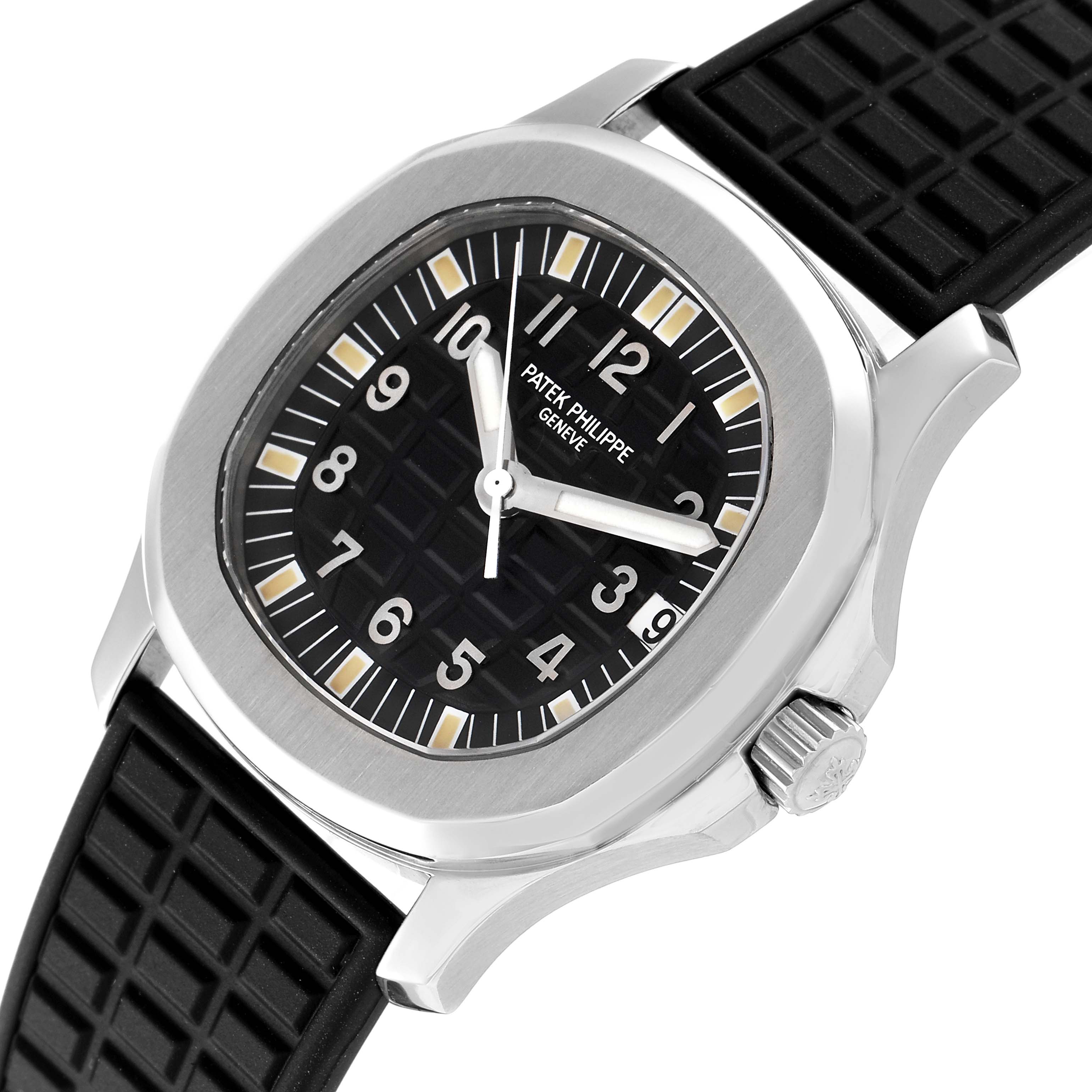 The image shows a Patek Philippe Aquanaut 5066A-001 Men
s Stainless Steel Black Dial 5066A-001 Men
s Stainless Steel Black Dial watch at an angled view, highlighting the watch face, case, crown, and strap.