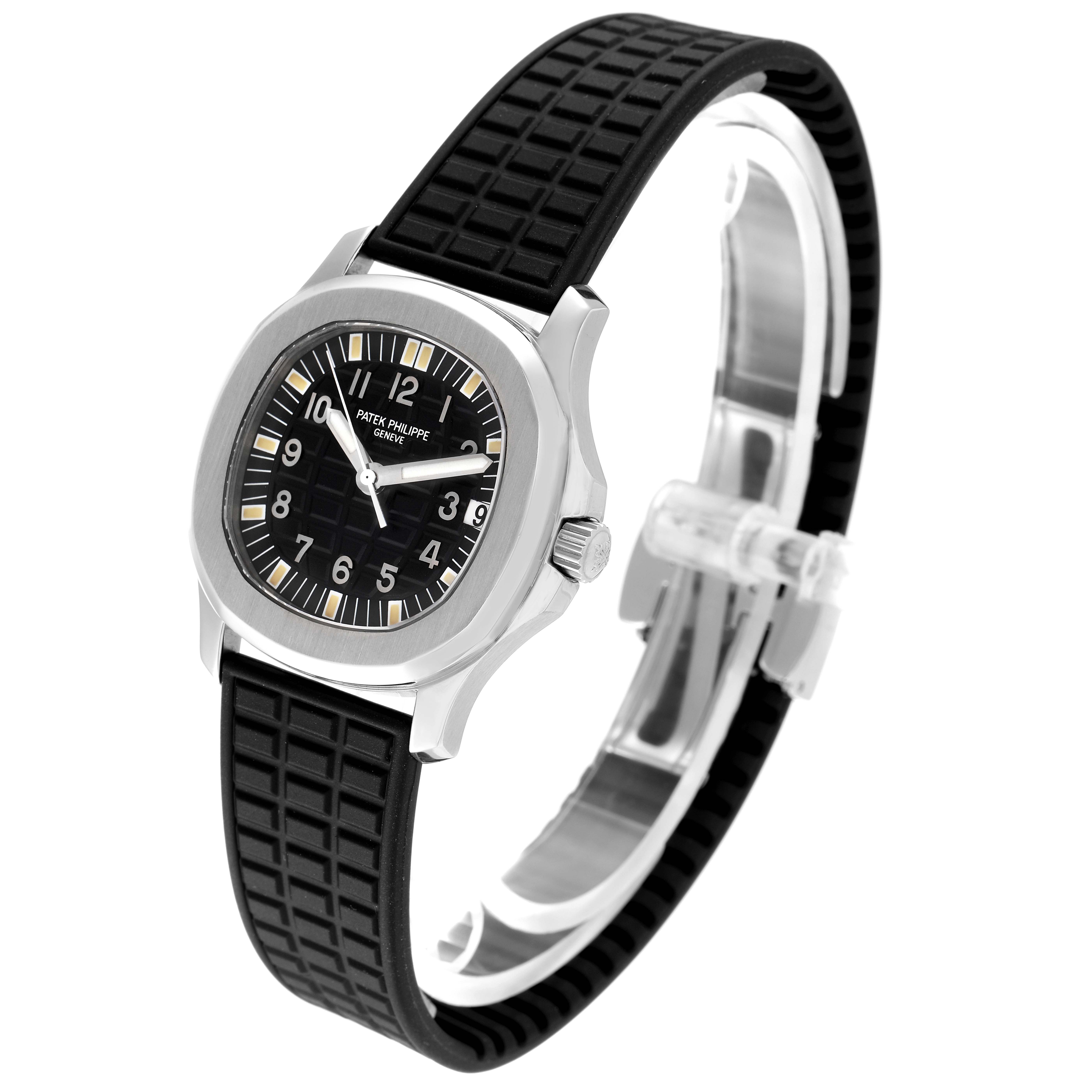 The image shows a Patek Philippe Aquanaut 5066A-001 Men
s Stainless Steel Black Dial 5066A-001 Men
s Stainless Steel Black Dial watch at a slight angle, highlighting its square dial, rubber strap, and side crown.