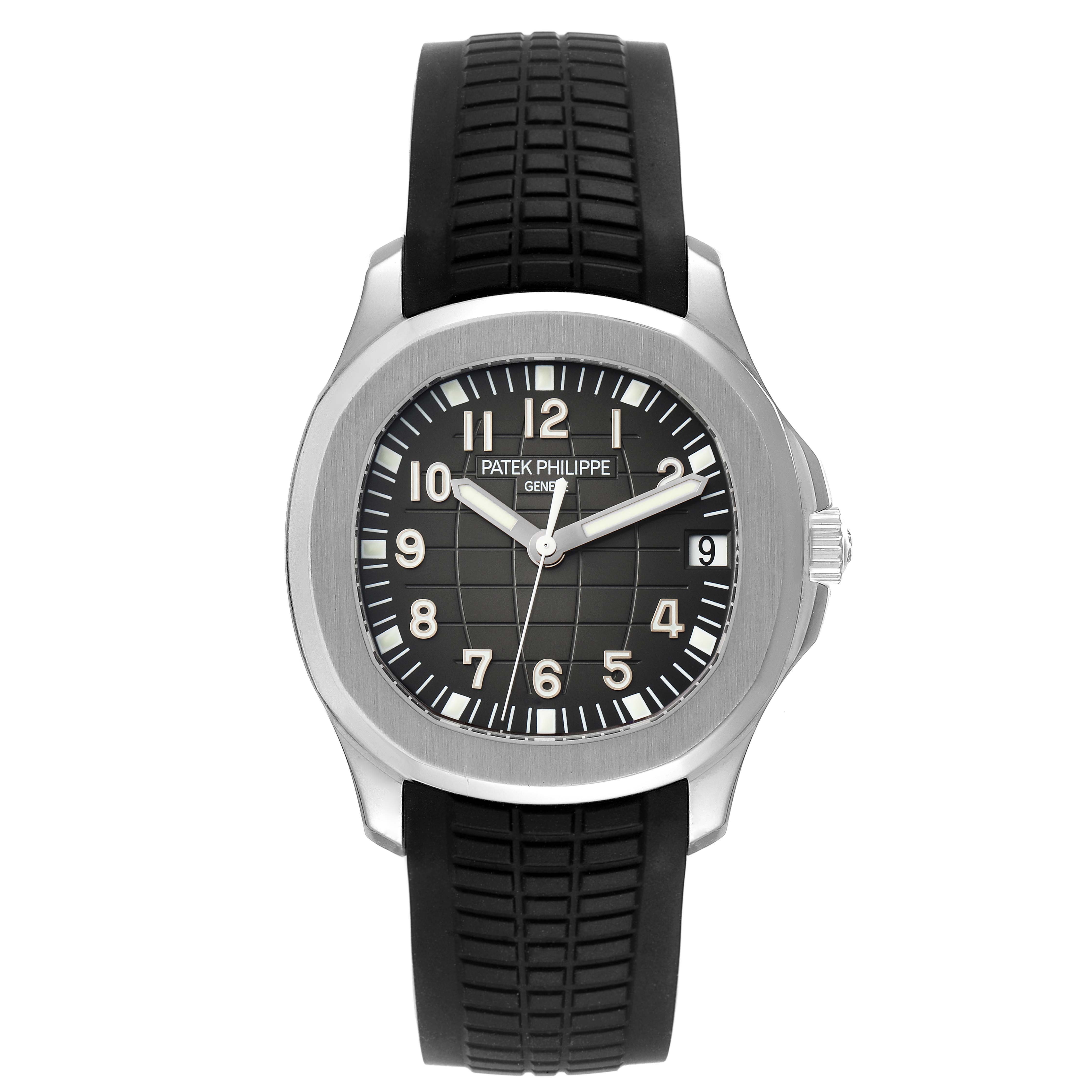 The image shows a front view of the Patek Philippe Aquanaut 5165A-001 Men's Stainless Steel Black Dial 5165A-001 Men's Stainless Steel Black Dial watch, featuring its dial, case, and rubber strap.