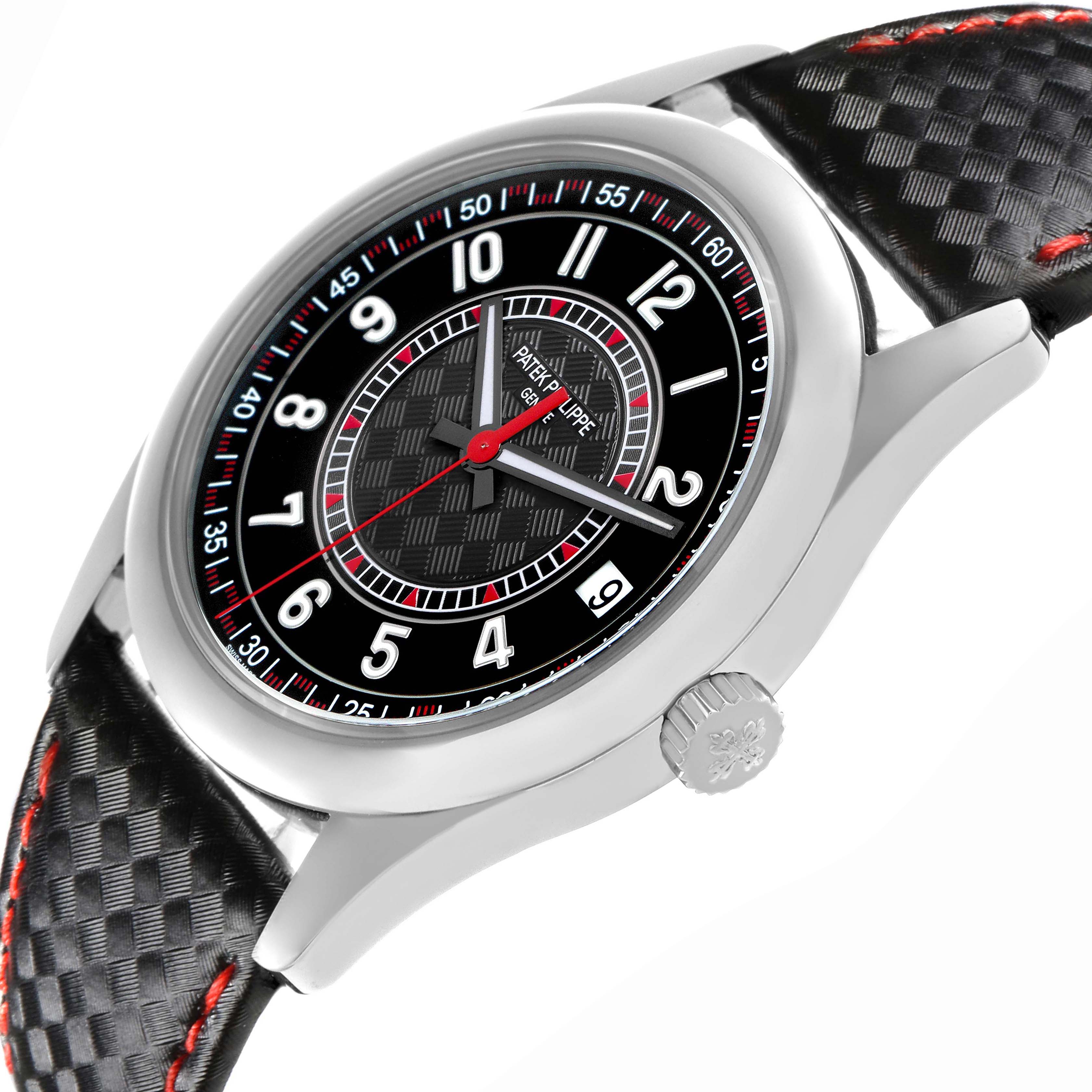 The Patek Philippe Calatrava 6007G Men's White Gold Black Dial watch is shown from a side angle, highlighting the watch face, crown, and strap.