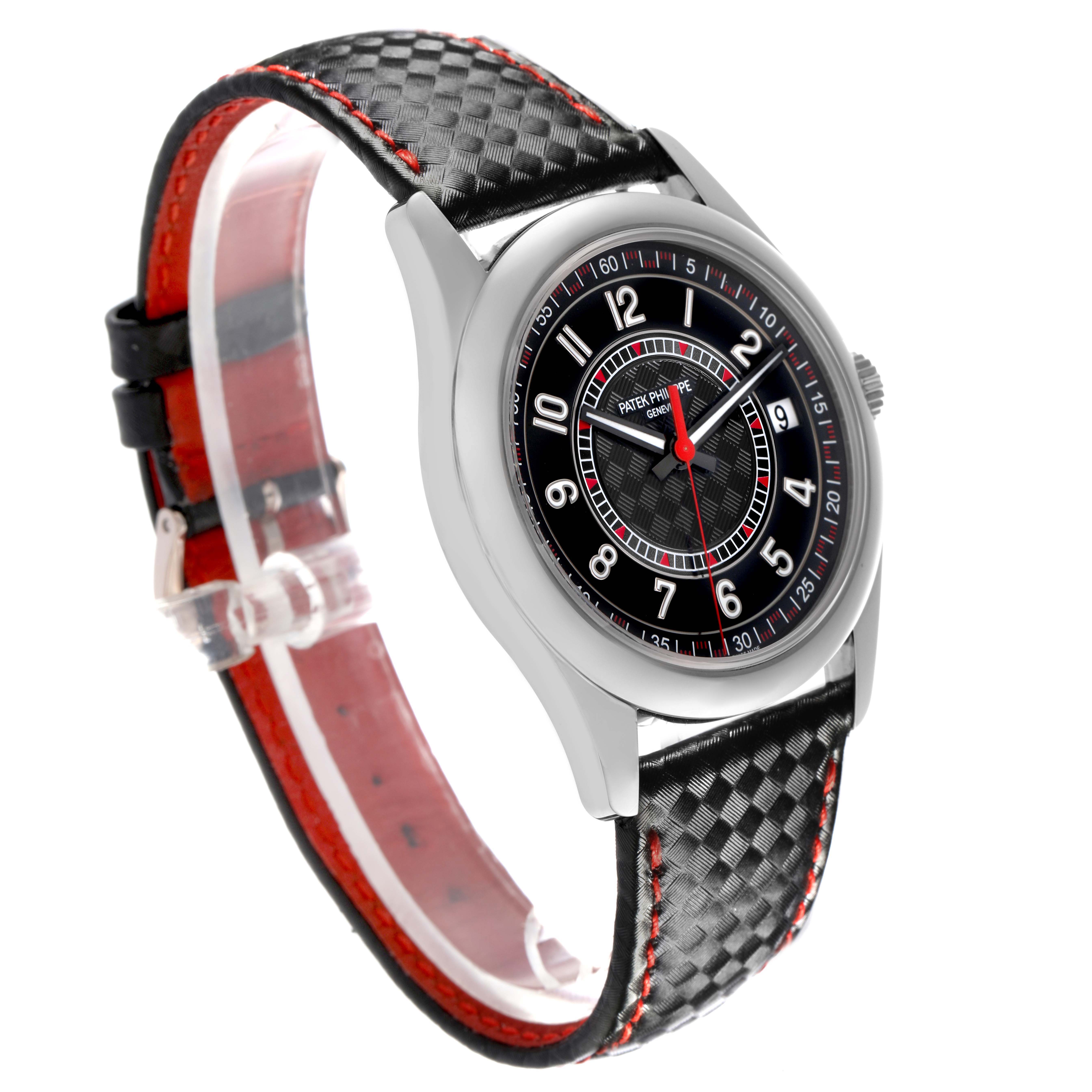 The Patek Philippe Calatrava 6007G Men's White Gold Black Dial watch is shown at a three-quarter angle, highlighting the black and red textured strap and dial.
