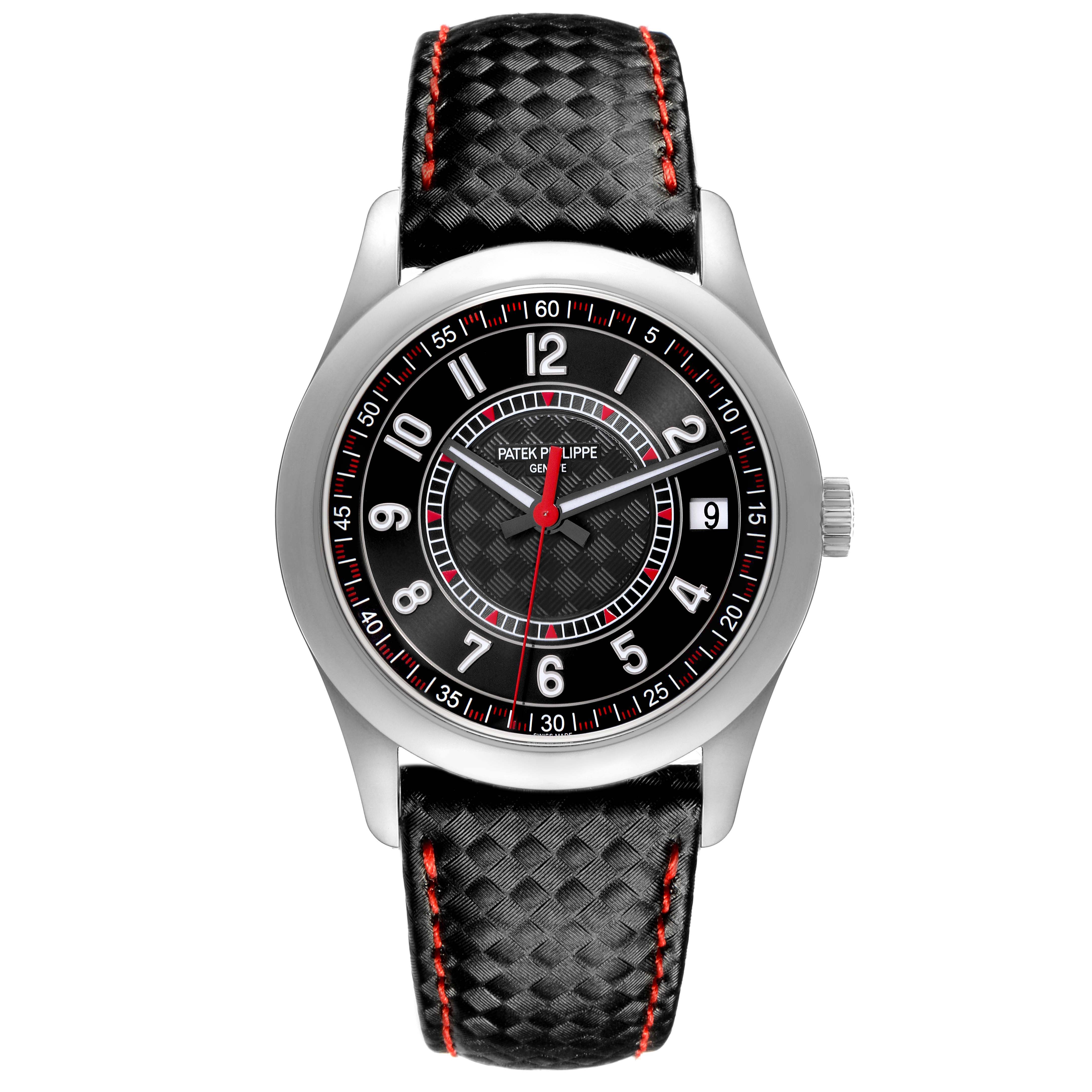 The Patek Philippe Calatrava 6007G Men's White Gold Black Dial watch is shown from a front angle, highlighting its dial, bezel, and textured strap with red stitching.