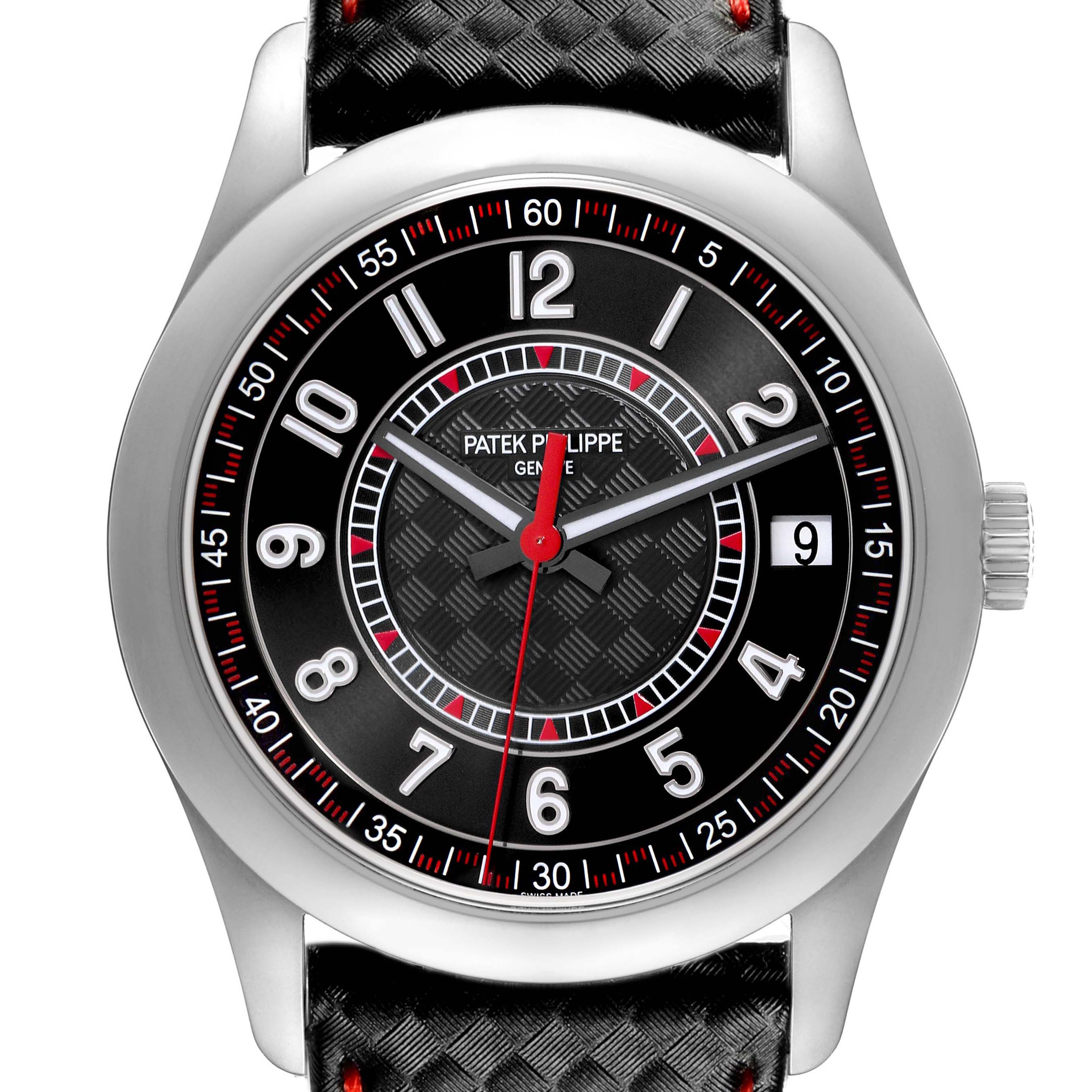 The Patek Philippe Calatrava 6007G Men's White Gold Black Dial watch is shown from a front angle, displaying its dial, bezel, and leather strap.