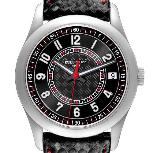 The Patek Philippe Calatrava 6007G Men's White Gold Black Dial watch is shown from the front, highlighting the dial, numerals, hands, and bezel.
