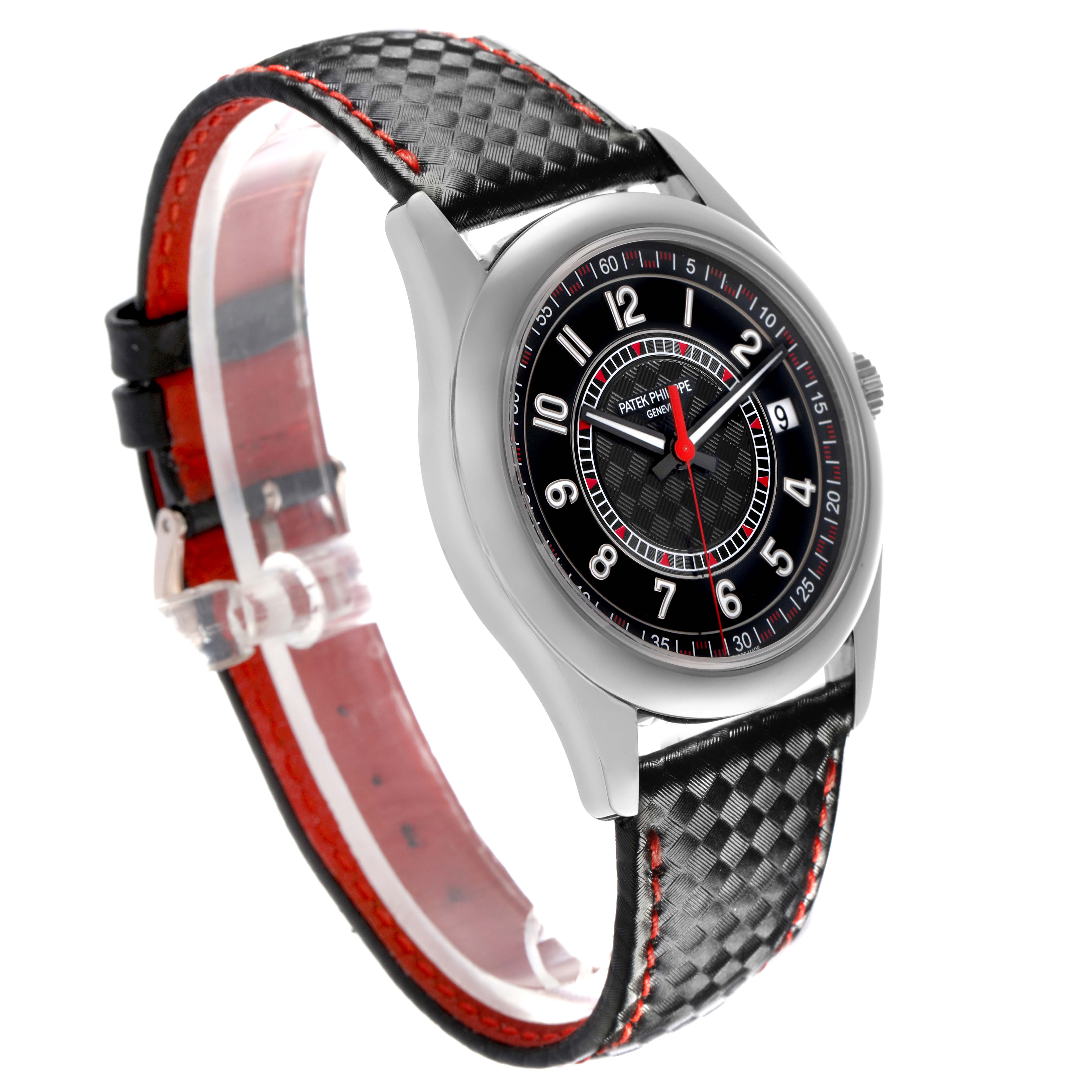 The Patek Philippe Calatrava 6007G Men
s White Gold Black Dial 6007G Men
s White Gold Black Dial watch is shown at an angle displaying the face, case, and band, highlighting the design details.