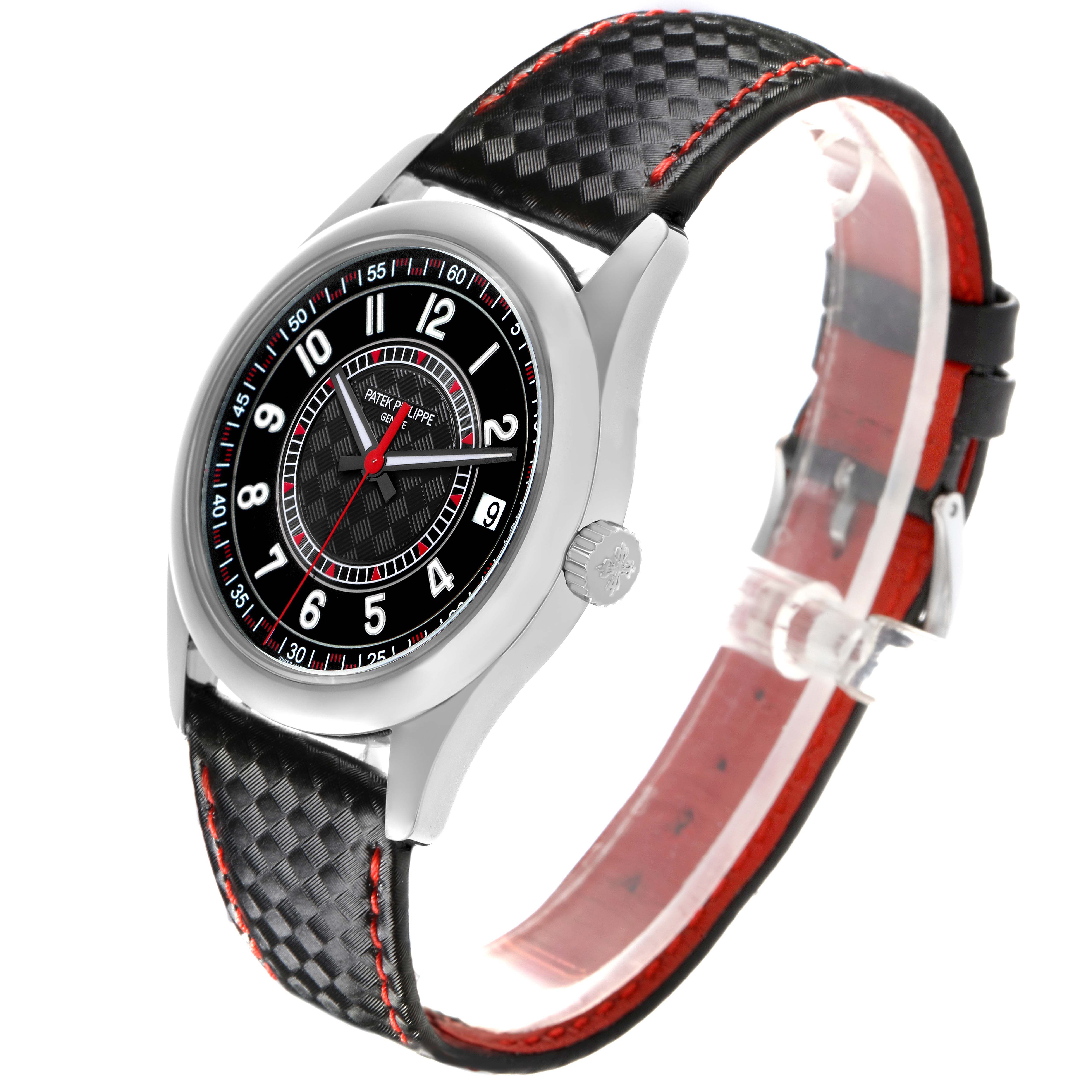 The Patek Philippe Calatrava 6007G Men
s White Gold Black Dial 6007G Men
s White Gold Black Dial watch is shown at an angled side view, highlighting the face, bezel, and textured strap with red stitching.