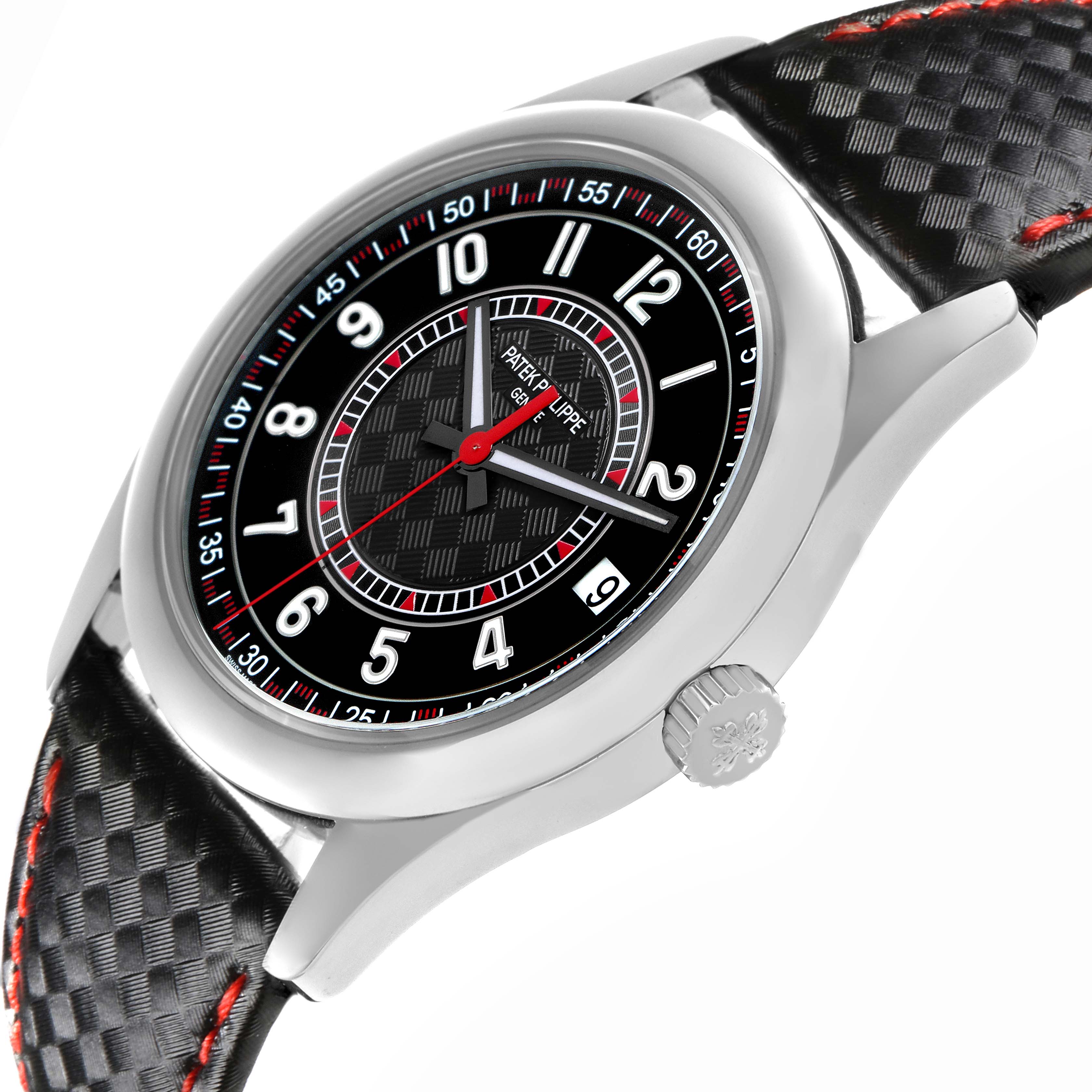 The Patek Philippe Calatrava 6007G Men
s White Gold Black Dial 6007G Men
s White Gold Black Dial watch is shown at a slight side angle, highlighting its black dial, case, crown, and strap.