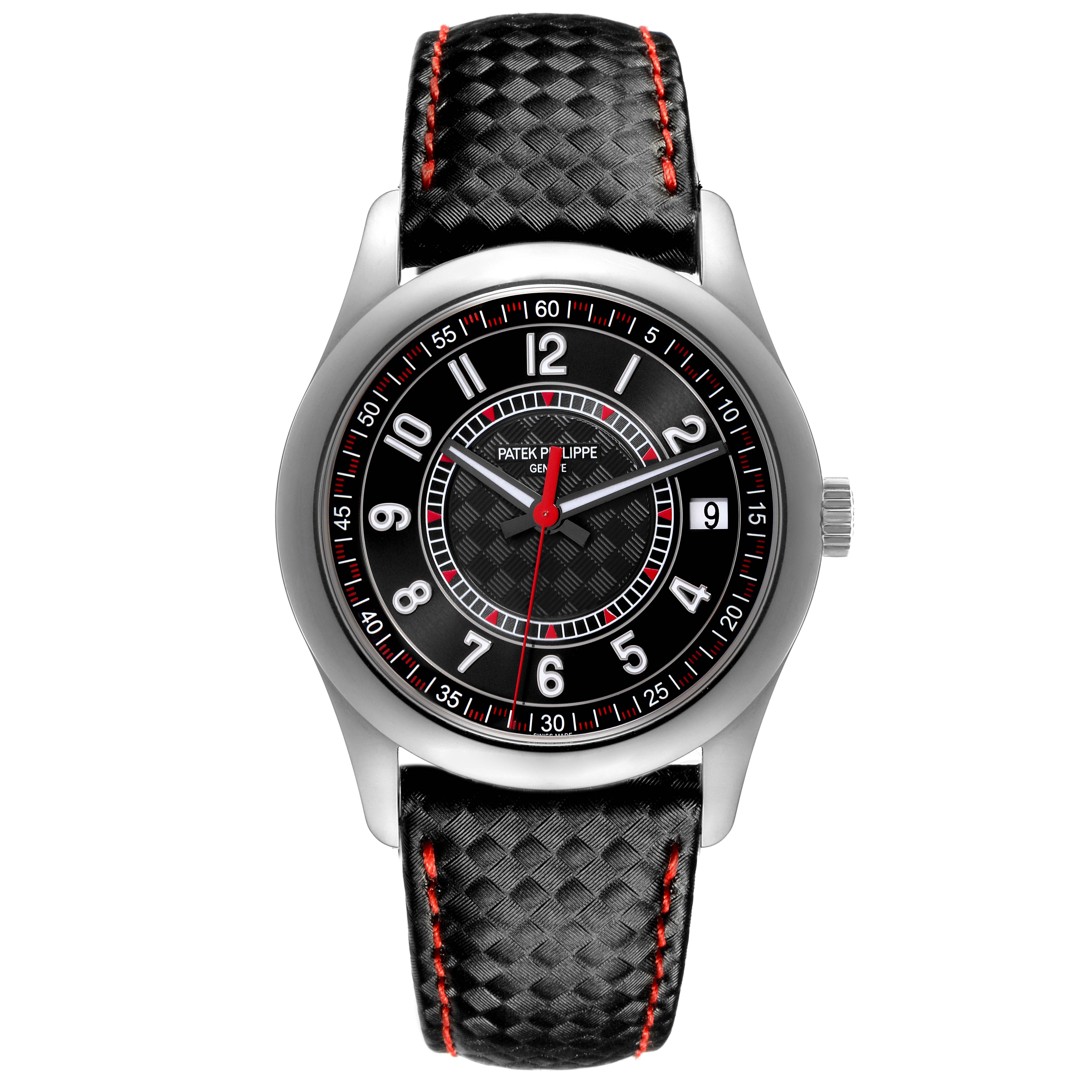 The image shows a Patek Philippe Calatrava 6007G Men
s White Gold Black Dial 6007G Men
s White Gold Black Dial watch from a top view, highlighting its dial, case, bezel, and strap.