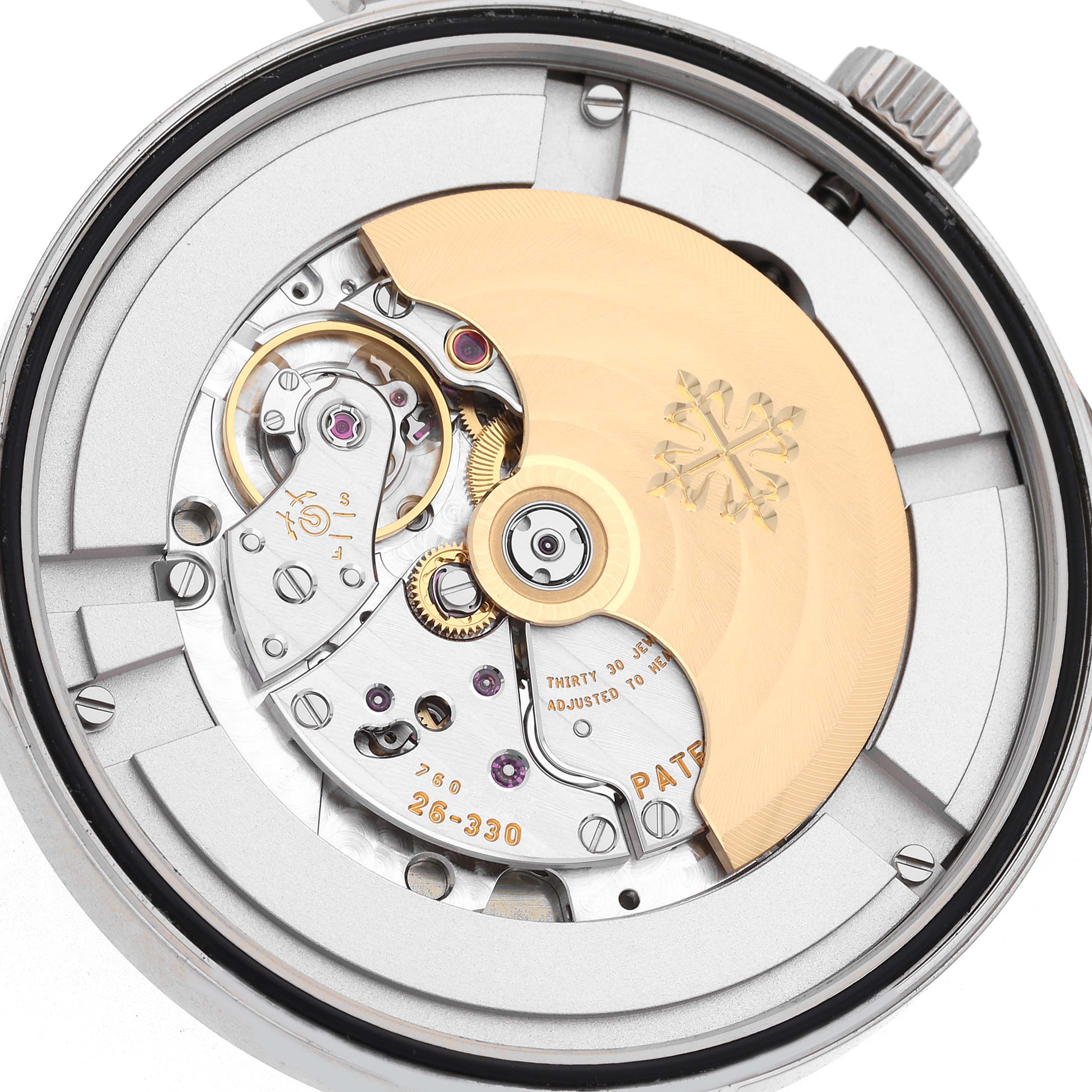 The image shows a back view of the Patek Philippe Calatrava 6007G Men
s White Gold Black Dial 6007G Men
s White Gold Black Dial watch, highlighting the intricate movement and rotor.