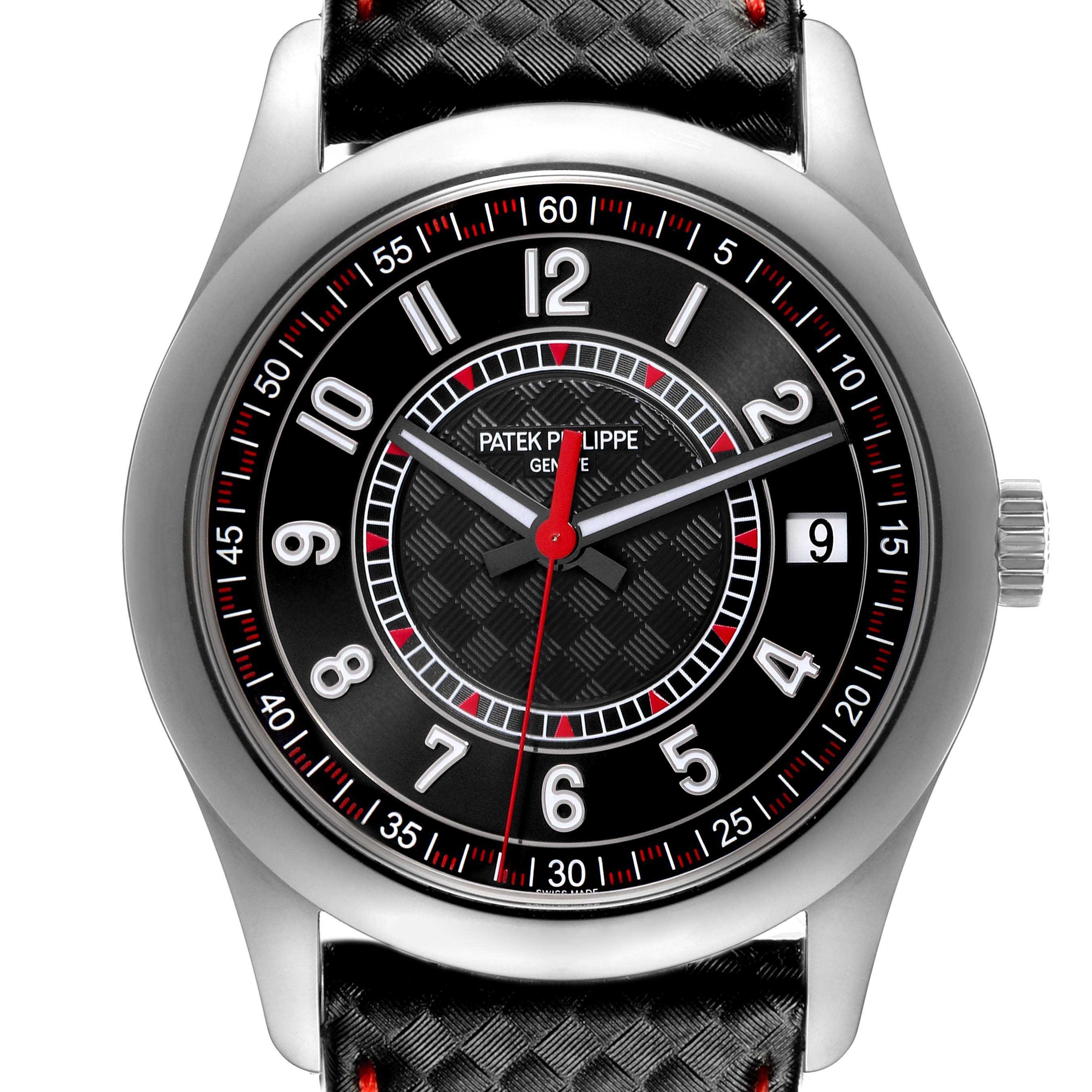 The image shows a frontal view of a Patek Philippe Calatrava 6007G Men
s White Gold Black Dial 6007G Men
s White Gold Black Dial watch, highlighting its dial, hands, date window, and bezel.