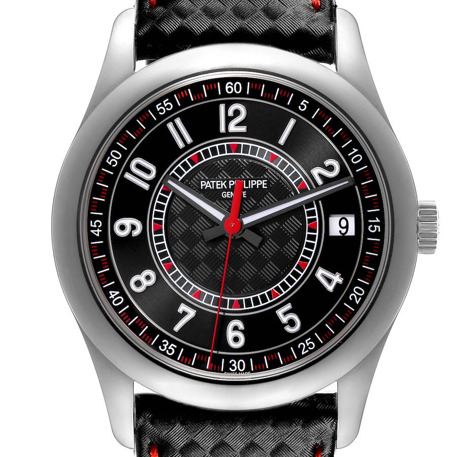 The image shows a frontal view of a Patek Philippe Calatrava watch, highlighting its dial, hands, date window, and bezel.