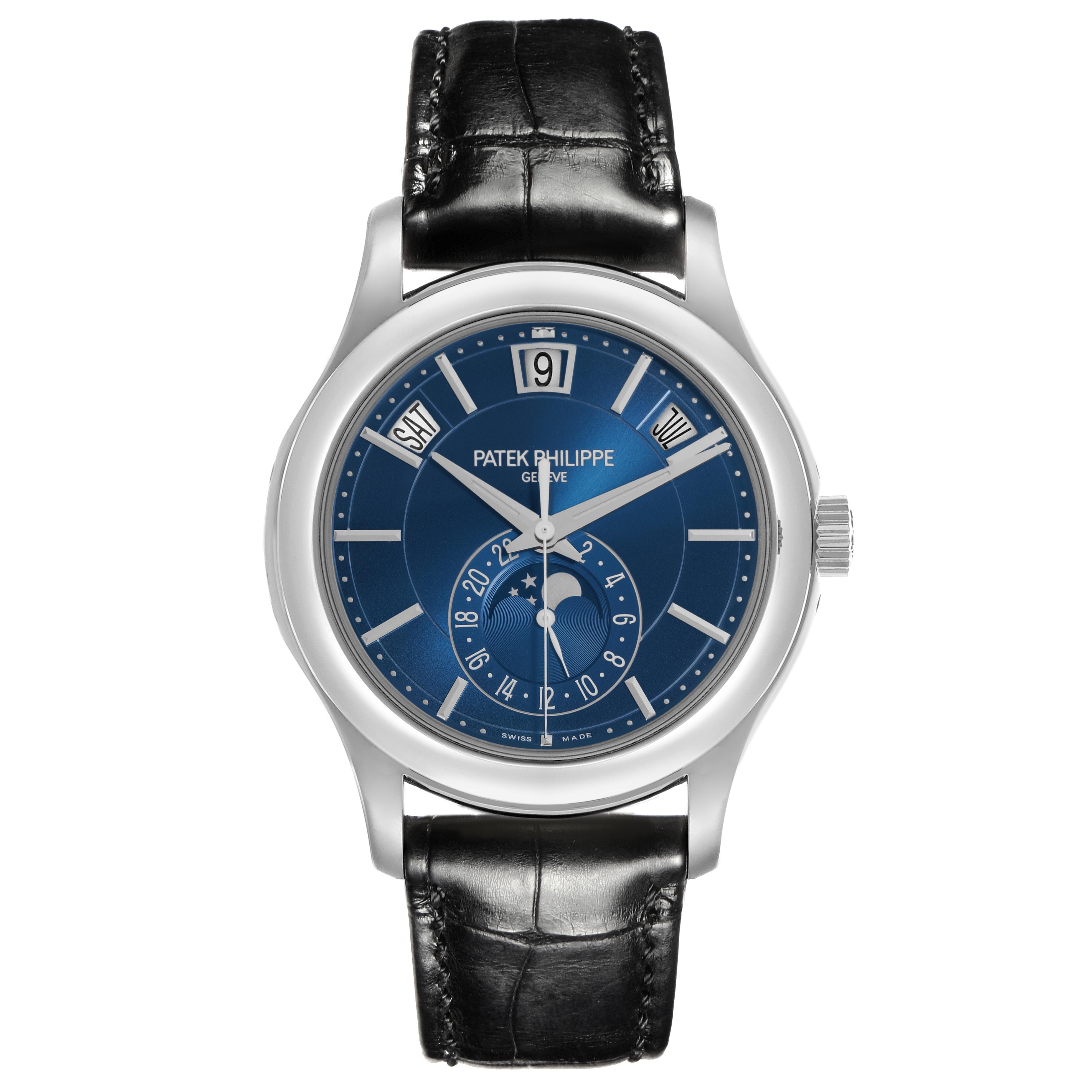The Patek Philippe Complications 5205G-013 Men
s White Gold Blue Dial 5205G-013 Men
s White Gold Blue Dial model is shown from a front angle, highlighting the dial, hands, crown, and leather strap.