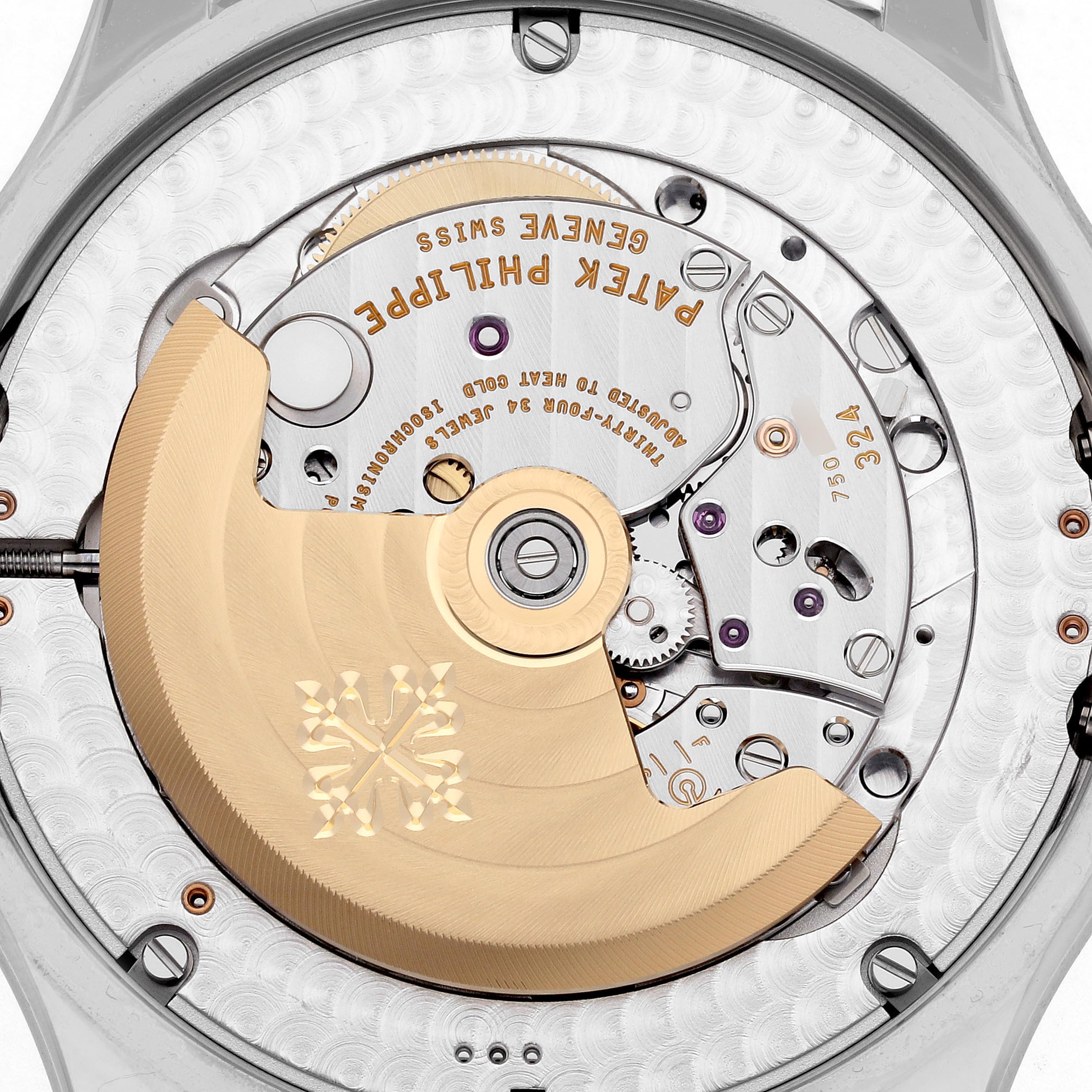 The Patek Philippe Complications 5205G-013 Men
s White Gold Blue Dial 5205G-013 Men
s White Gold Blue Dial watch is shown from a rear angle, displaying its intricate movement and rotor.