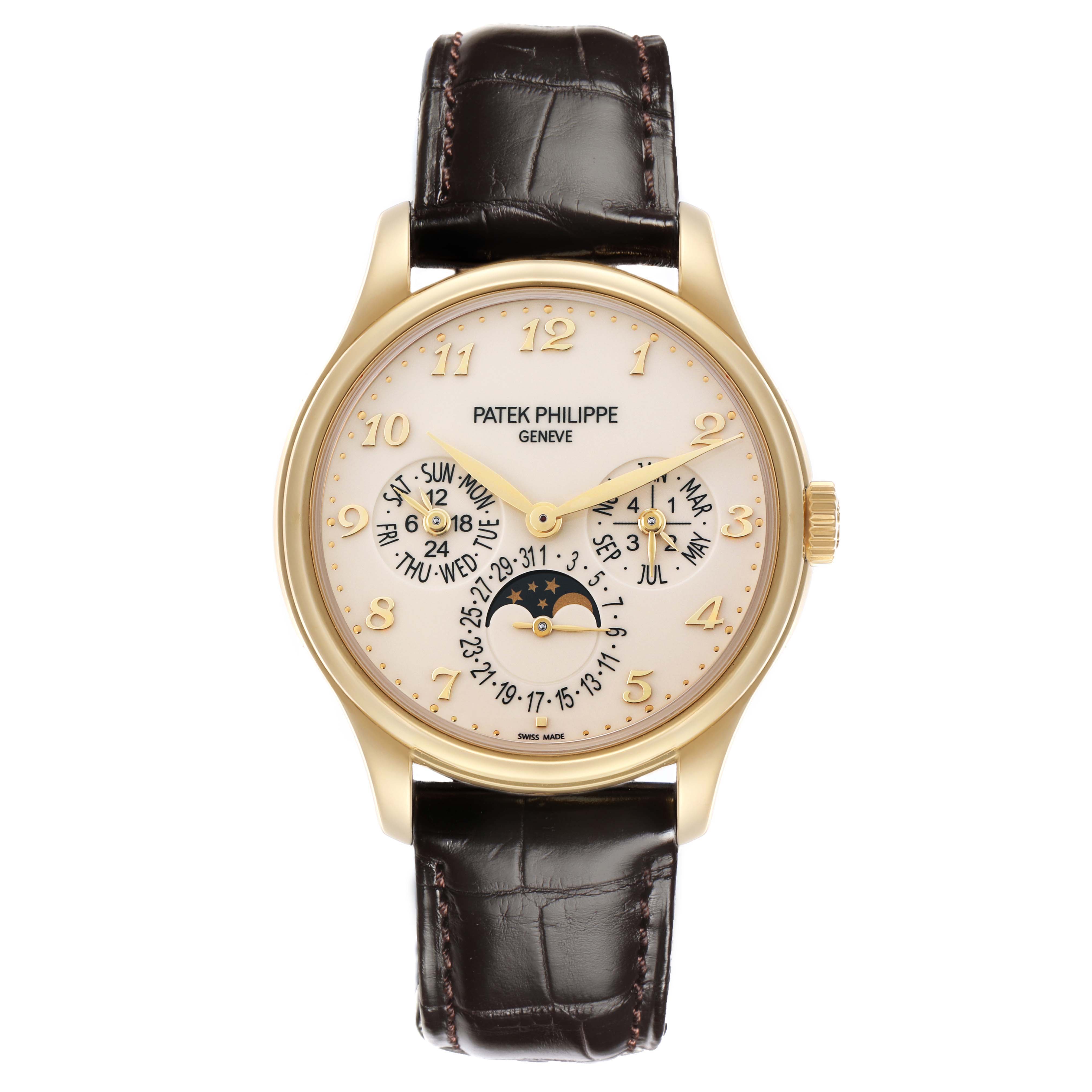 The Patek Philippe Complications 5327J Men
s Yellow Gold Beige Dial 5327J Men
s Yellow Gold Beige Dial model is shown from a front angle, displaying its dial with calendar and moon phase indicators.