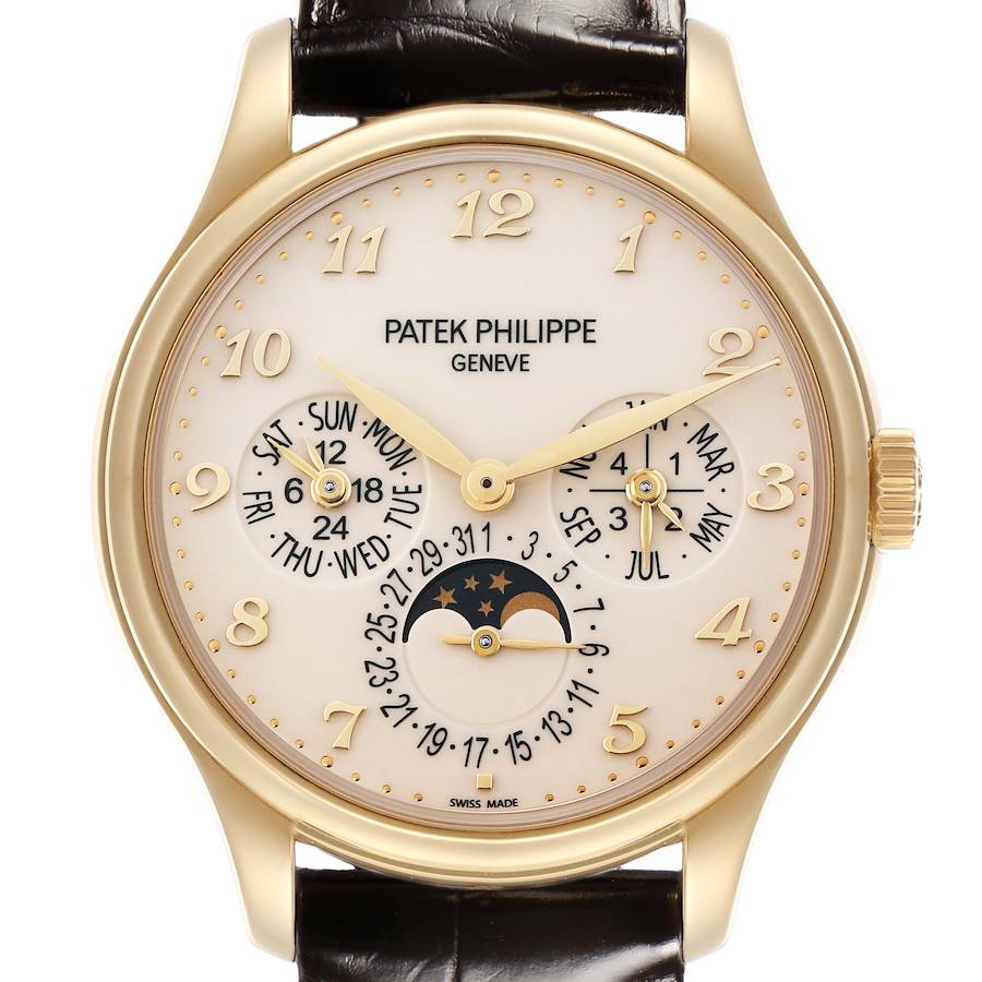 The Patek Philippe Complications watch is shown from a front angle, revealing its face, hands, sub-dials, and crown.
