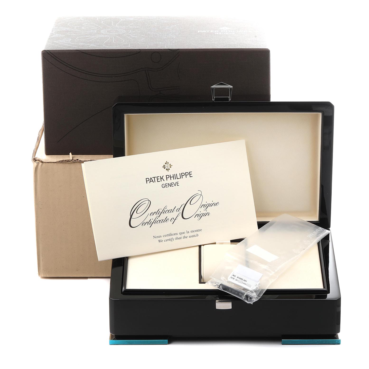 The image shows a Patek Philippe Complications 5159G-001 Men's White Gold Silver Dial 5159G-001 Men's White Gold Silver Dial box and certificate, including packaging and accessories, from a front angle.