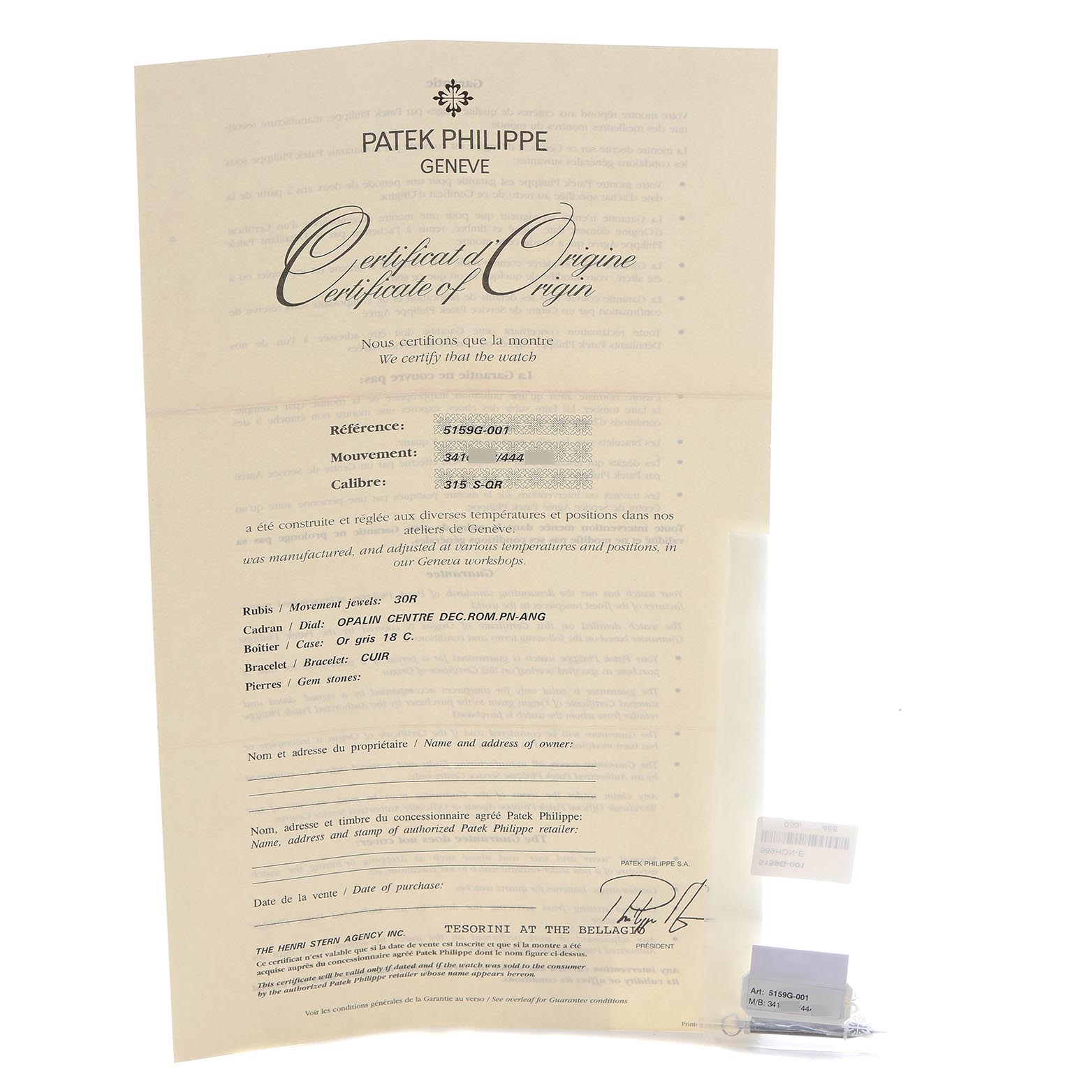 The image shows a Certificate of Origin for the Patek Philippe Complications 5159G-001 Men's White Gold Silver Dial 5159G-001 Men's White Gold Silver Dial model, with tags placed at the bottom right.