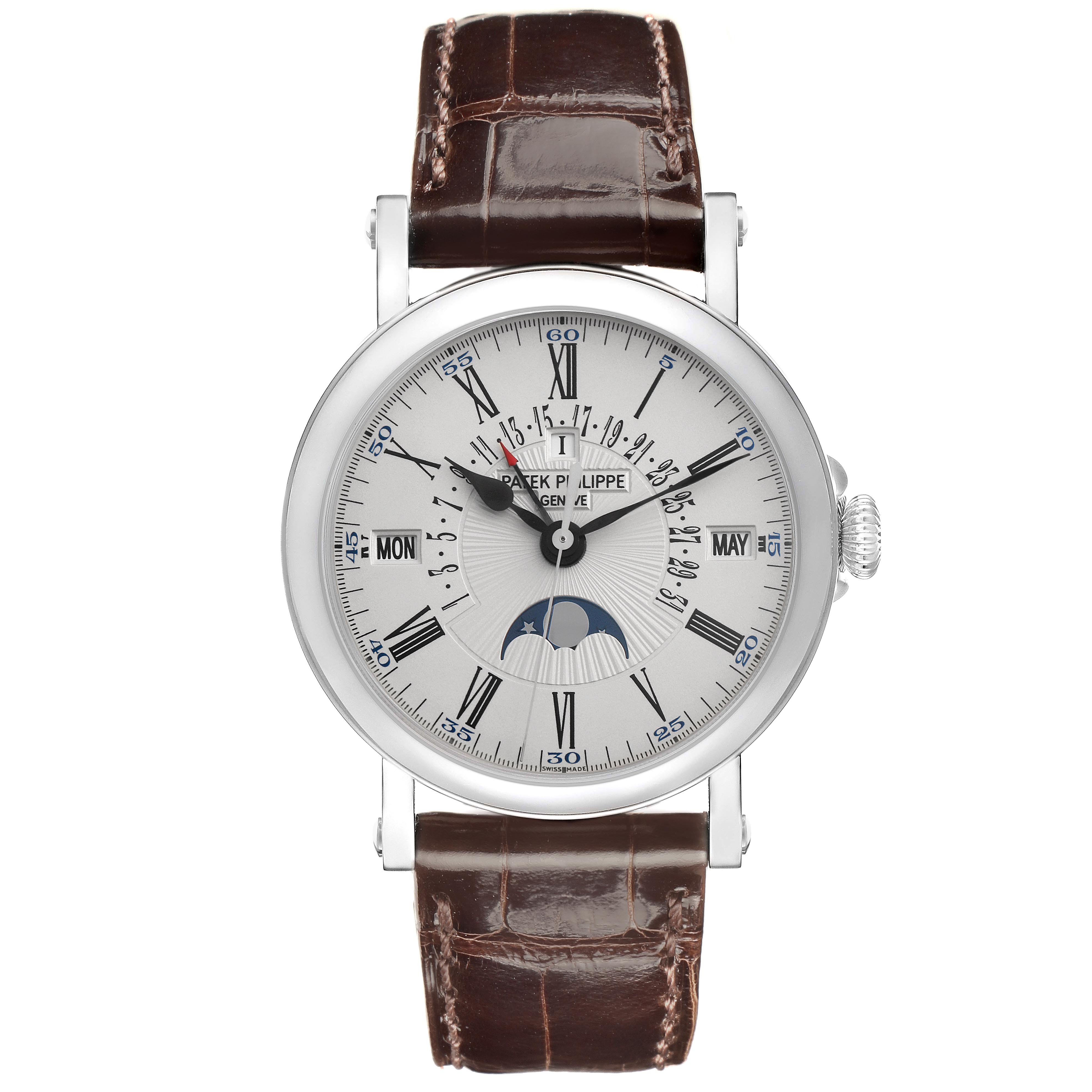 The Patek Philippe Complications 5159G-001 Men's White Gold Silver Dial 5159G-001 Men's White Gold Silver Dial watch is shown from a front view, with the dial, hands, calendar features, and leather strap visible.