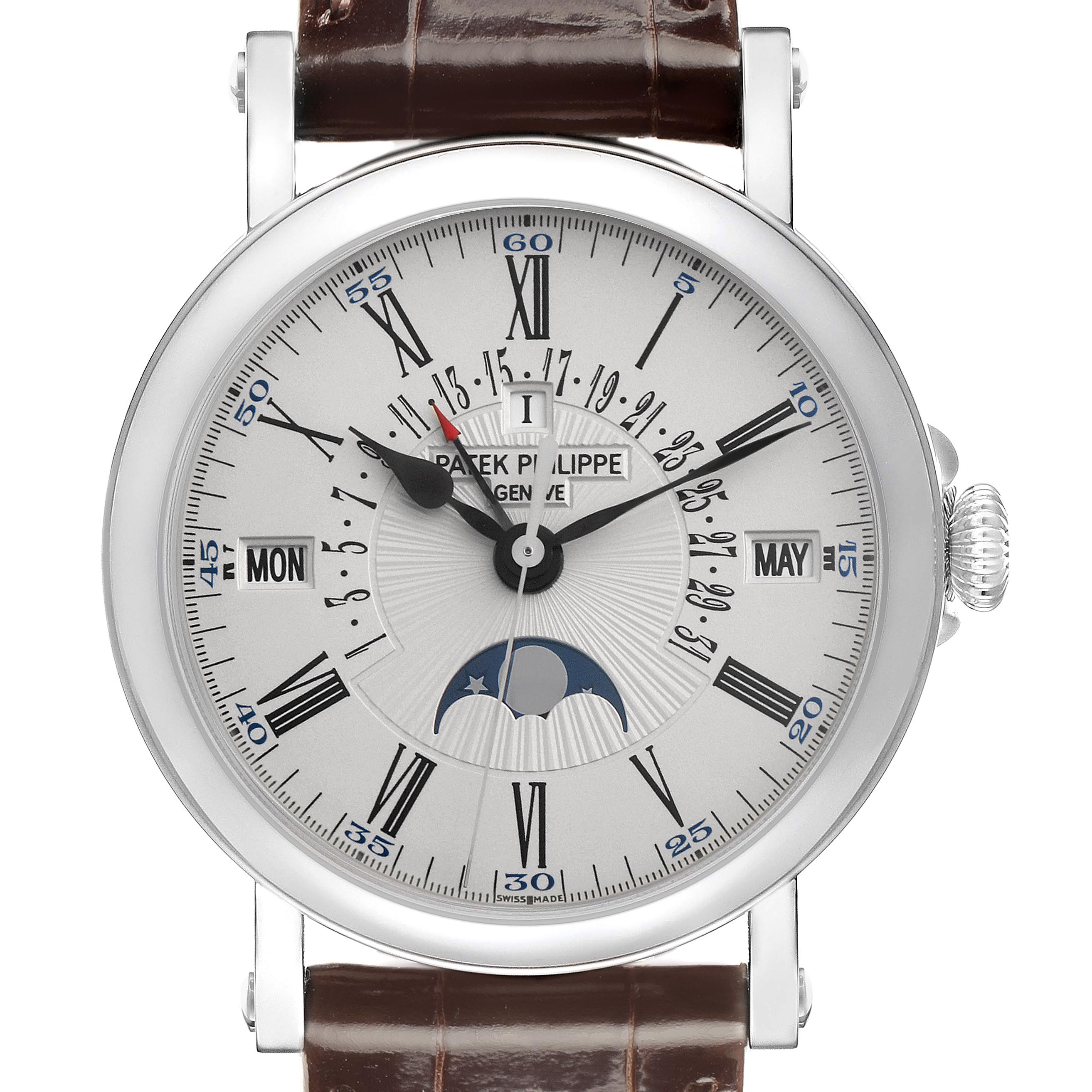 The Patek Philippe Complications 5159G-001 Men's White Gold Silver Dial 5159G-001 Men's White Gold Silver Dial watch is shown from the front, displaying the dial, hands, subdials, moon phase, and leather strap.