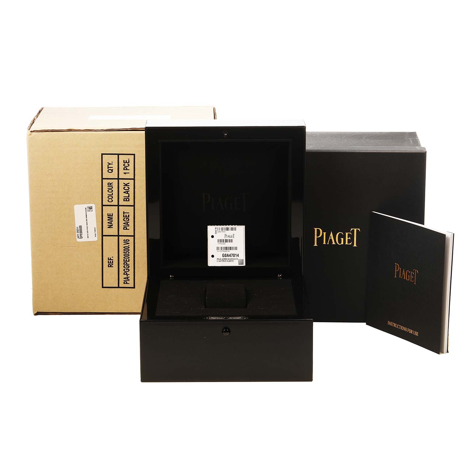 The image shows the packaging for the Piaget P11268 Men's Stainless Steel Black Dial Polo Date Steel Black Dial Men's Watch P11268, including the box and user manual.