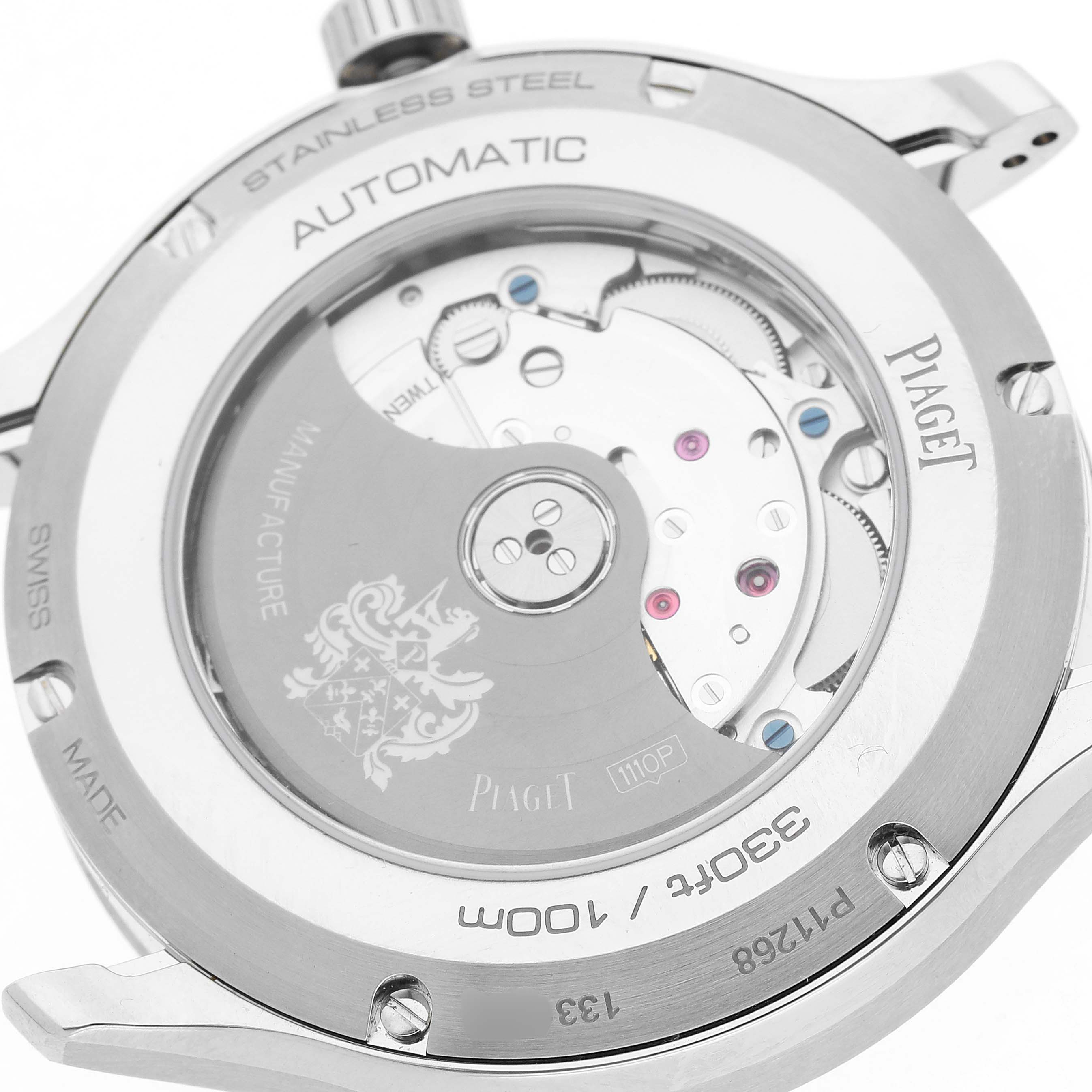 The image shows the back case of the Piaget P11268 Men's Stainless Steel Black Dial Polo Date Steel Black Dial Mens Watch P11268, displaying its automatic movement.