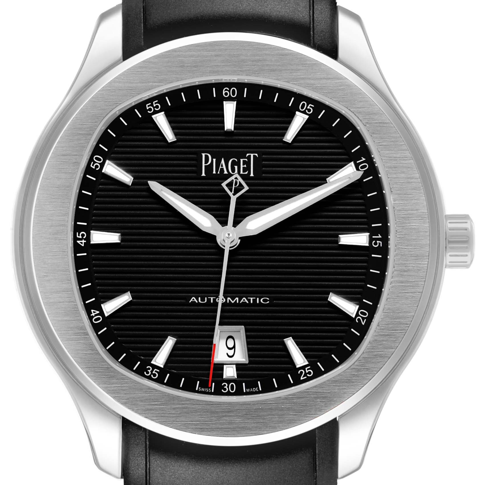 The Piaget P11268 Men's Stainless Steel Black Dial Polo Date Steel Black Dial Mens Watch P11268 is shown from a front view, highlighting the dial, hands, and date window.