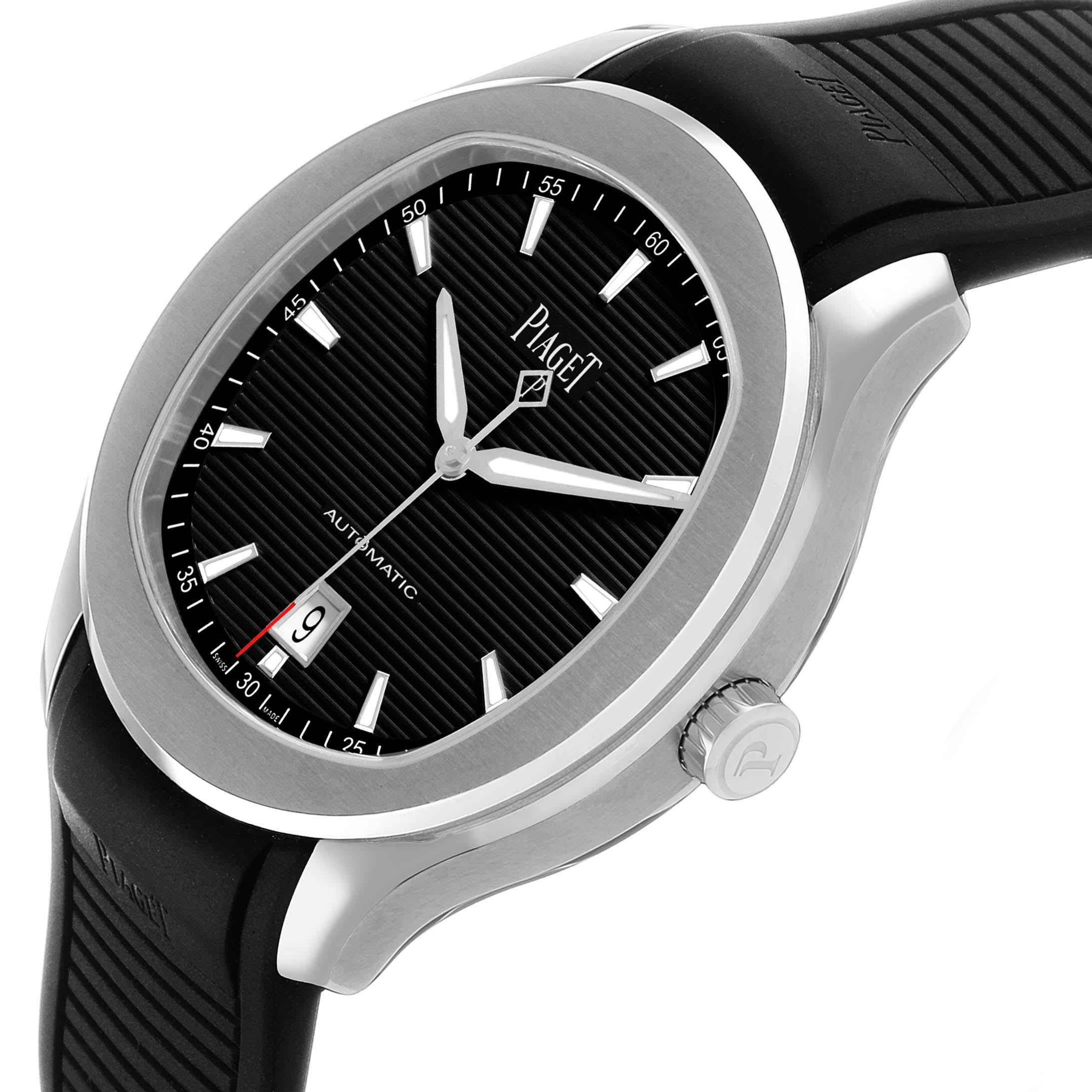 The Piaget P11268 Men's Stainless Steel Black Dial Polo Date Steel Black Dial Mens Watch P11268 is shown at a slight angle, highlighting the dial, bezel, and side crown.