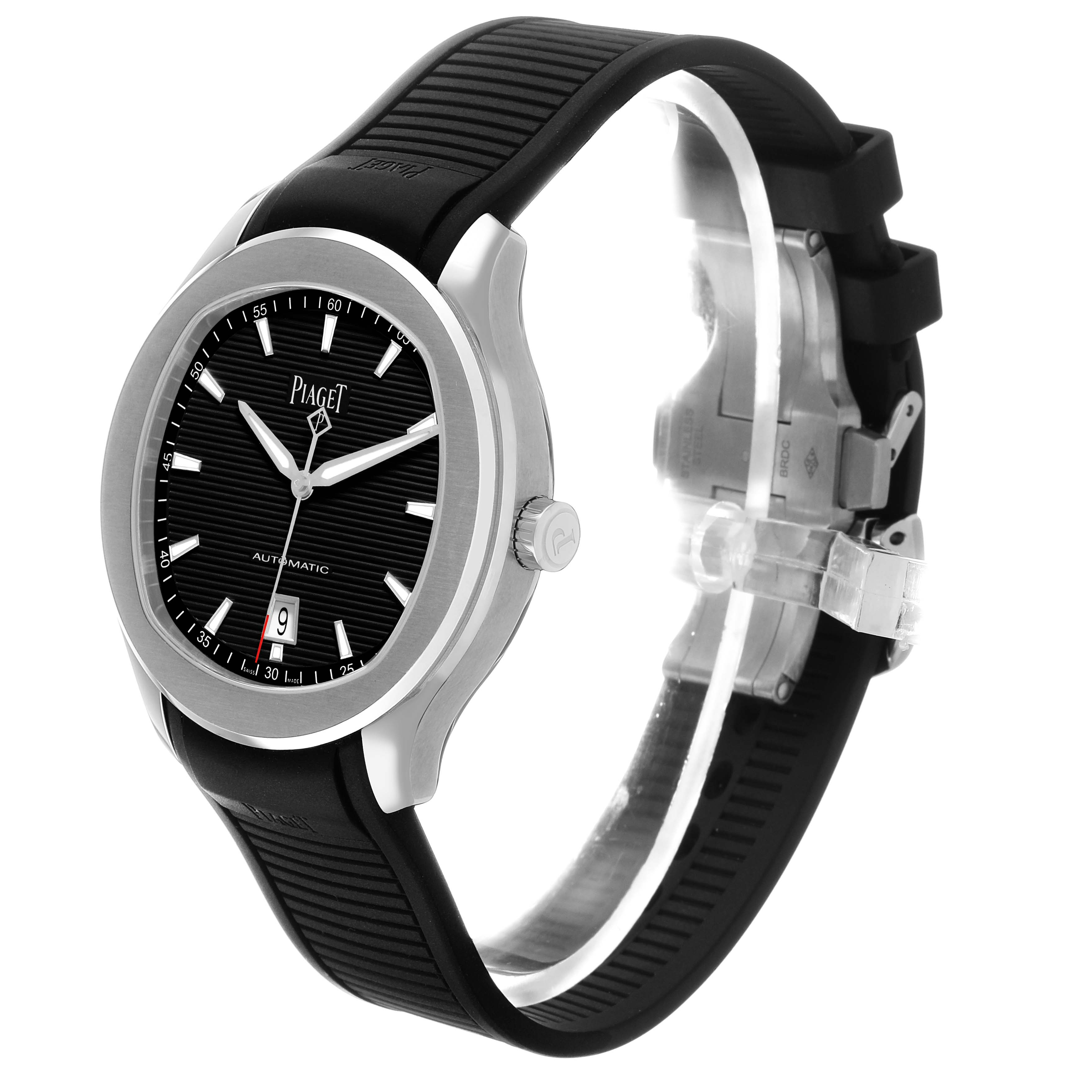 The Piaget P11268 Men's Stainless Steel Black Dial Polo Date Steel Black Dial Men's Watch P11268 is shown at an angle highlighting its dial, bezel, crown, and strap.