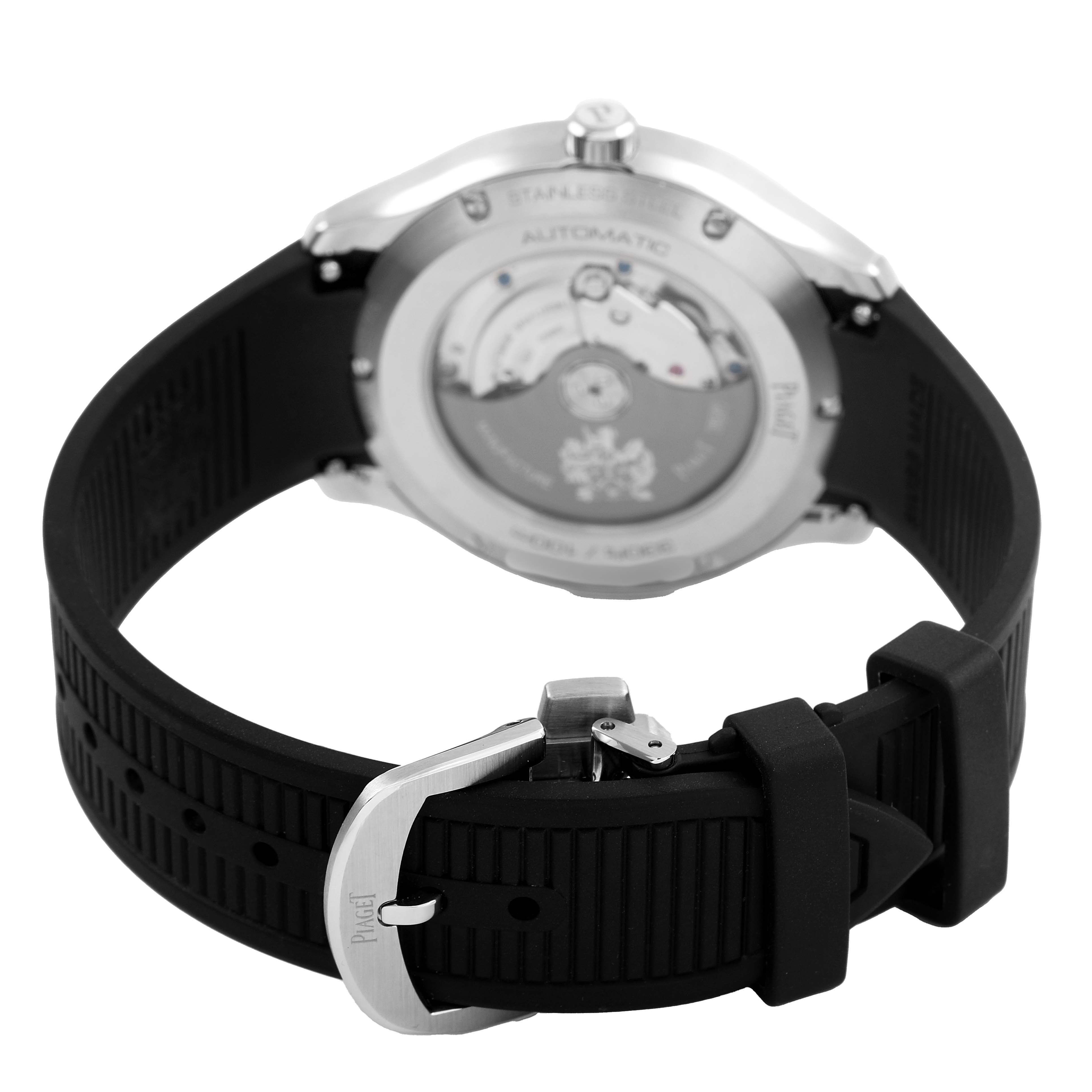 The image shows the back view of the Piaget P11268 Men's Stainless Steel Black Dial Polo Date Steel Black Dial Men's Watch P11268, including the movement and rubber strap with buckle.