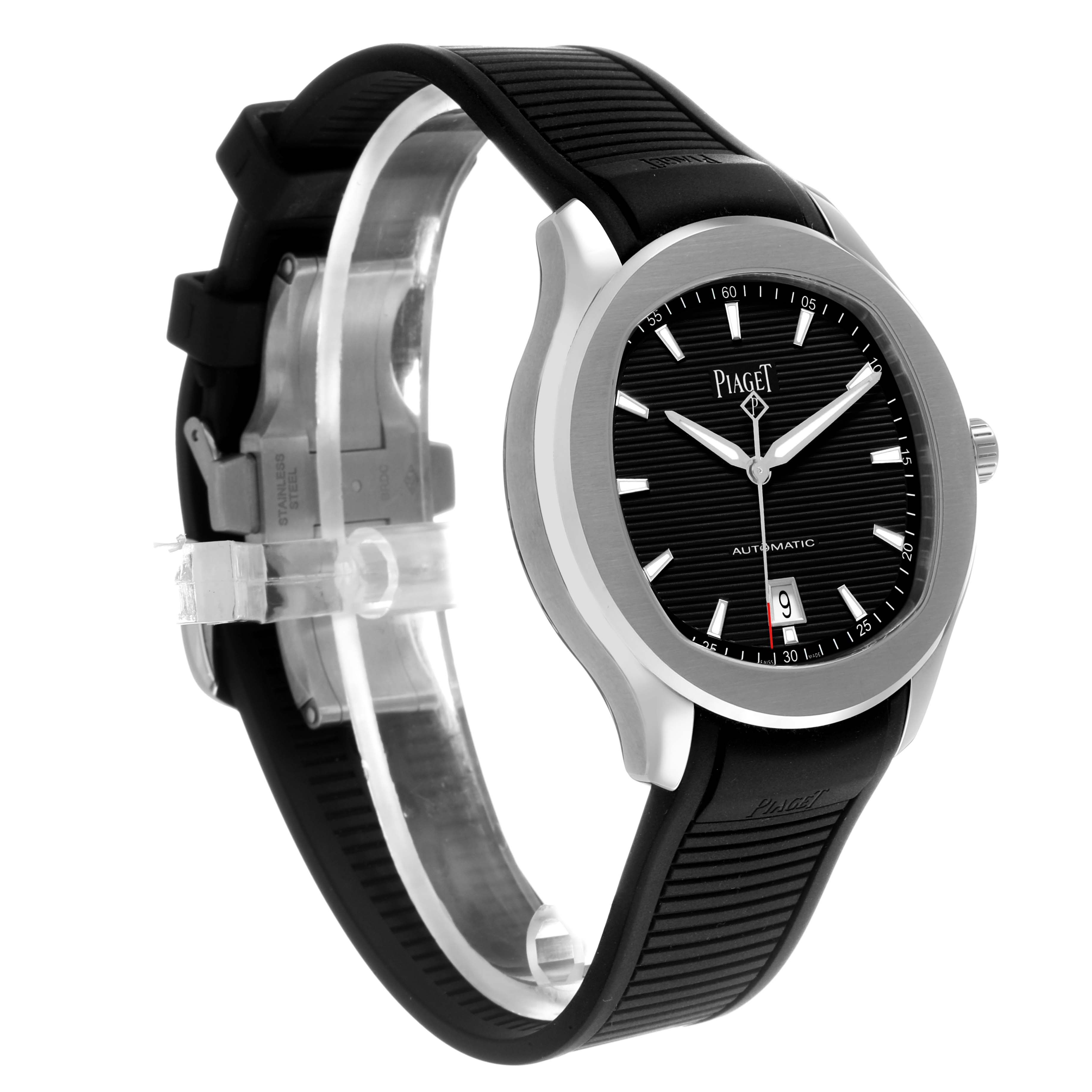 The Piaget P11268 Men's Stainless Steel Black Dial Polo Date Steel P11268 is shown at a three-quarter angle, highlighting the black dial, case, and strap.