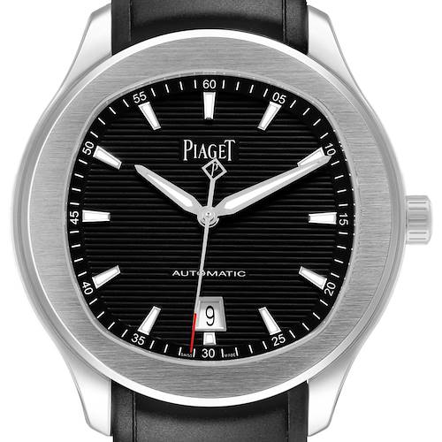 The Piaget P11268 Men's Stainless Steel Black Dial Polo Date Steel Black Dial P11268 watch is shown from the front, highlighting the dial, hands, and date window.
