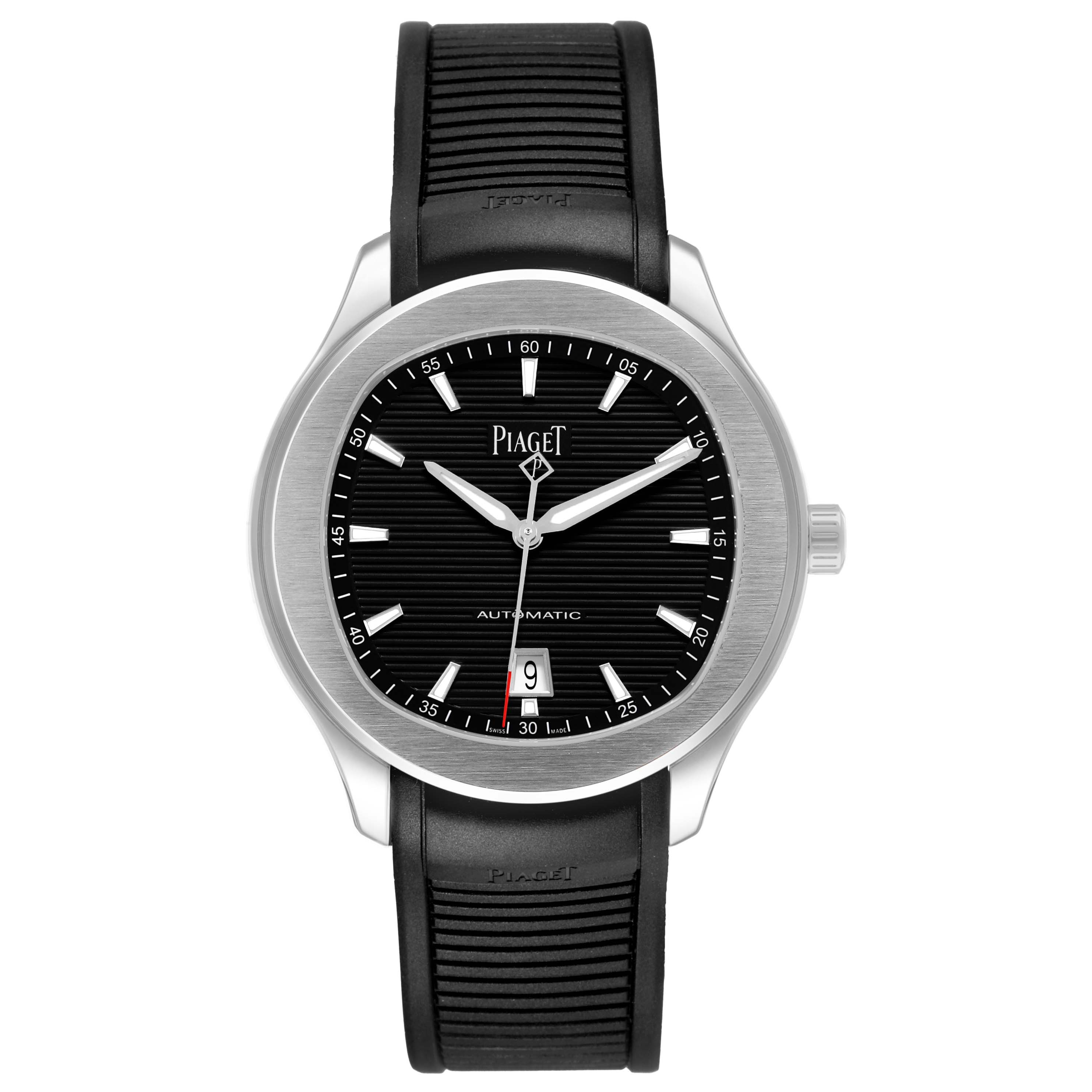 The Piaget P11268 Men's Stainless Steel Black Dial Polo Date Steel P11268 watch is shown face-on, displaying the black dial, markers, hands, and rubber strap.