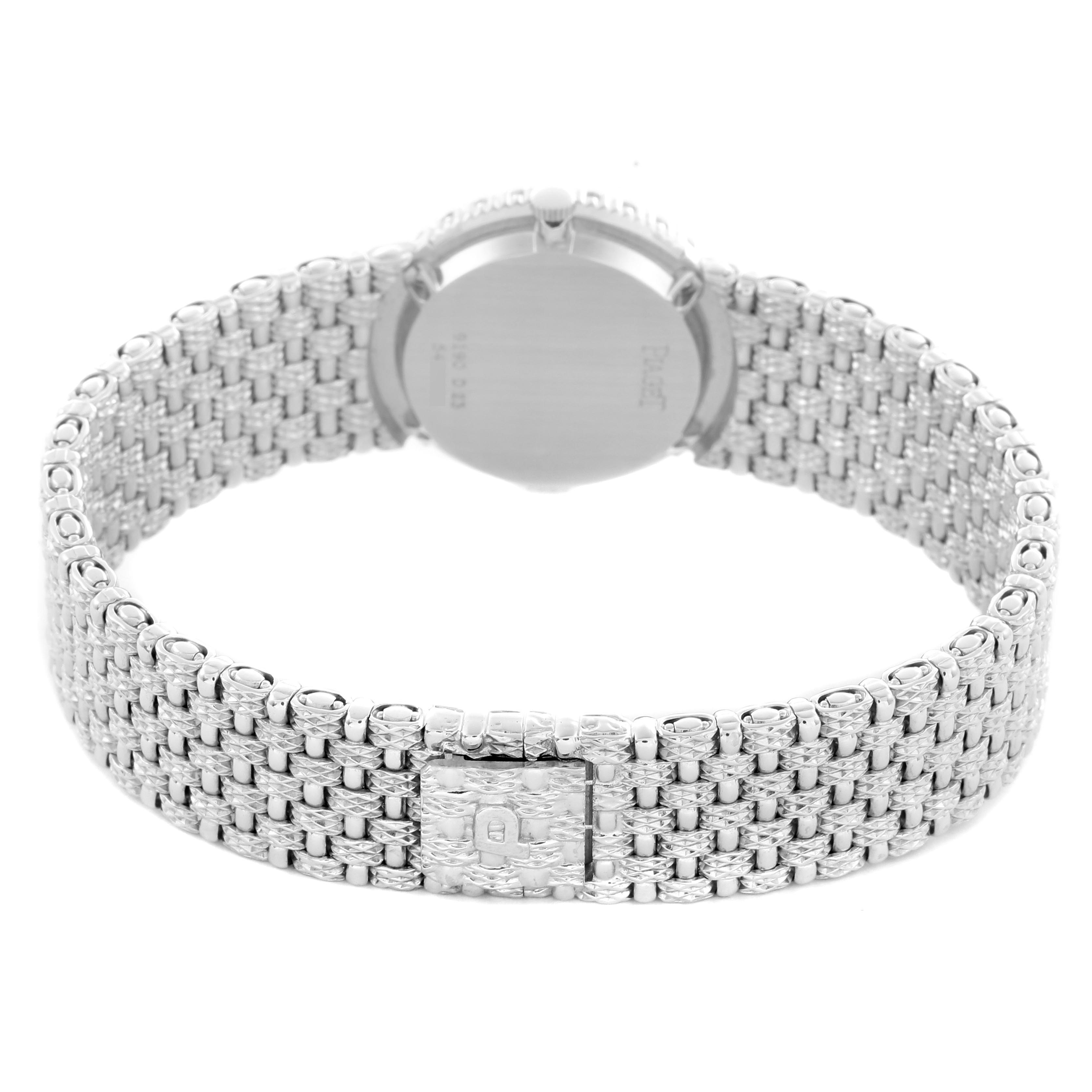 The Piaget 9190D23 Women
s White Gold Silver Dial 9190D23 Women
s White Gold Silver Dial Tradition 9190D23 watch is shown from a rear angle, highlighting the case back and white gold bracelet.