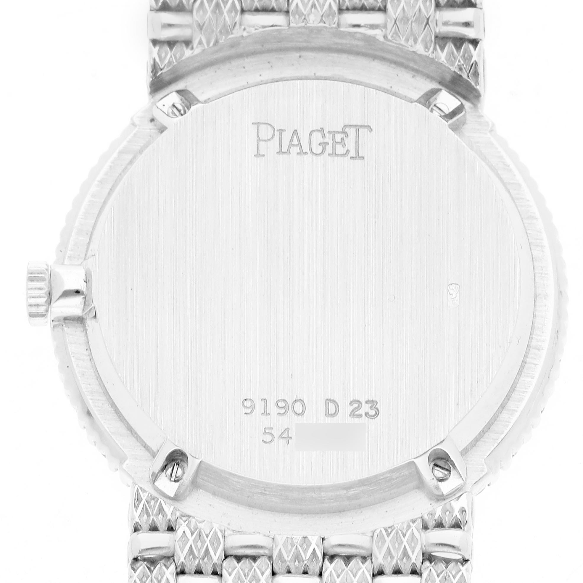 The image shows the back of the Piaget 9190D23 Women
s White Gold Silver Dial 9190D23 Women
s White Gold Silver Dial Tradition White Gold Diamond Ruby Ladies Watch 9190D23, highlighting the engraved brand and model.