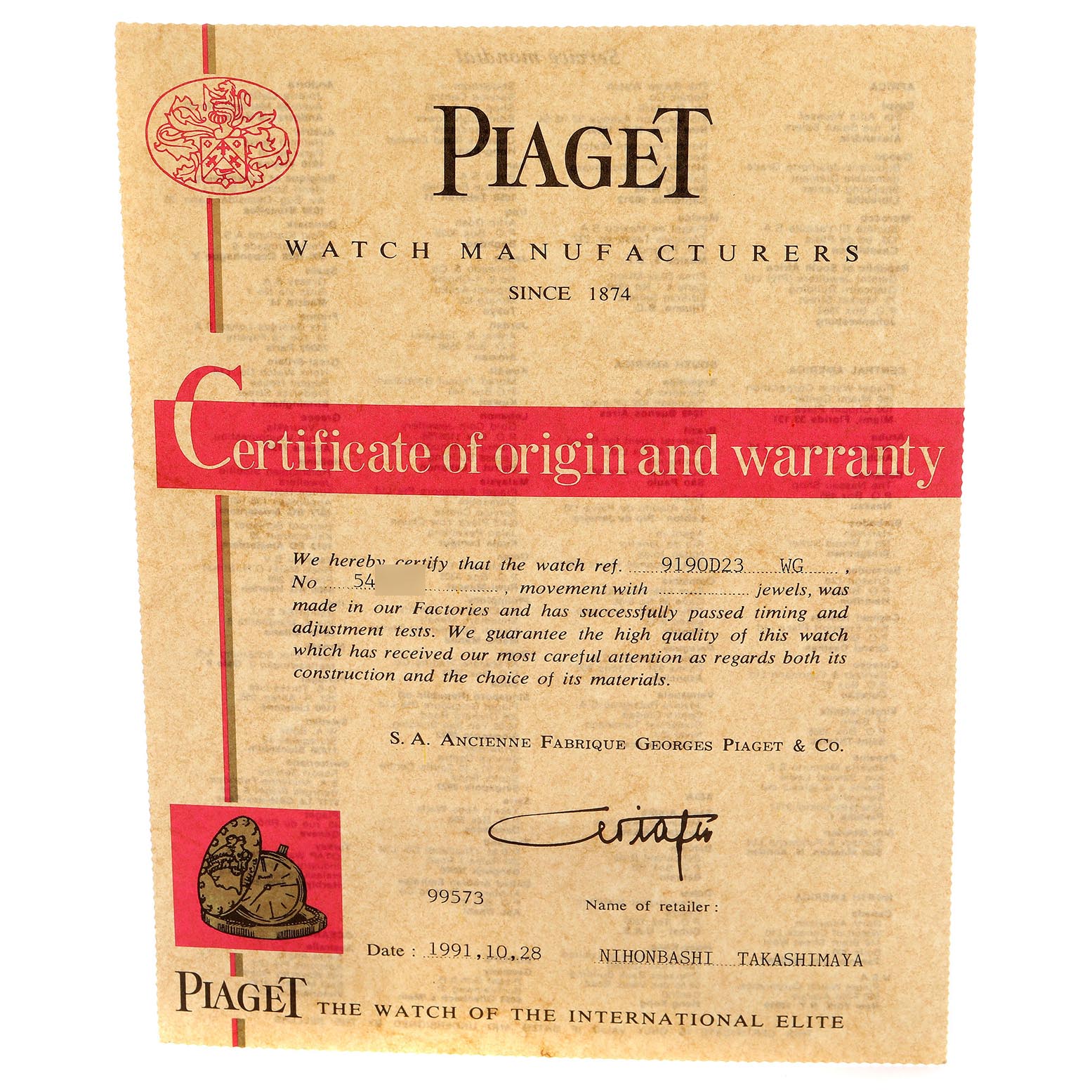 The image shows a Certificate of Origin and Warranty for the Piaget 9190D23 Women
s White Gold Silver Dial 9190D23 Women
s White Gold Silver Dial Tradition White Gold Diamond Ruby Ladies Watch 9190D23.