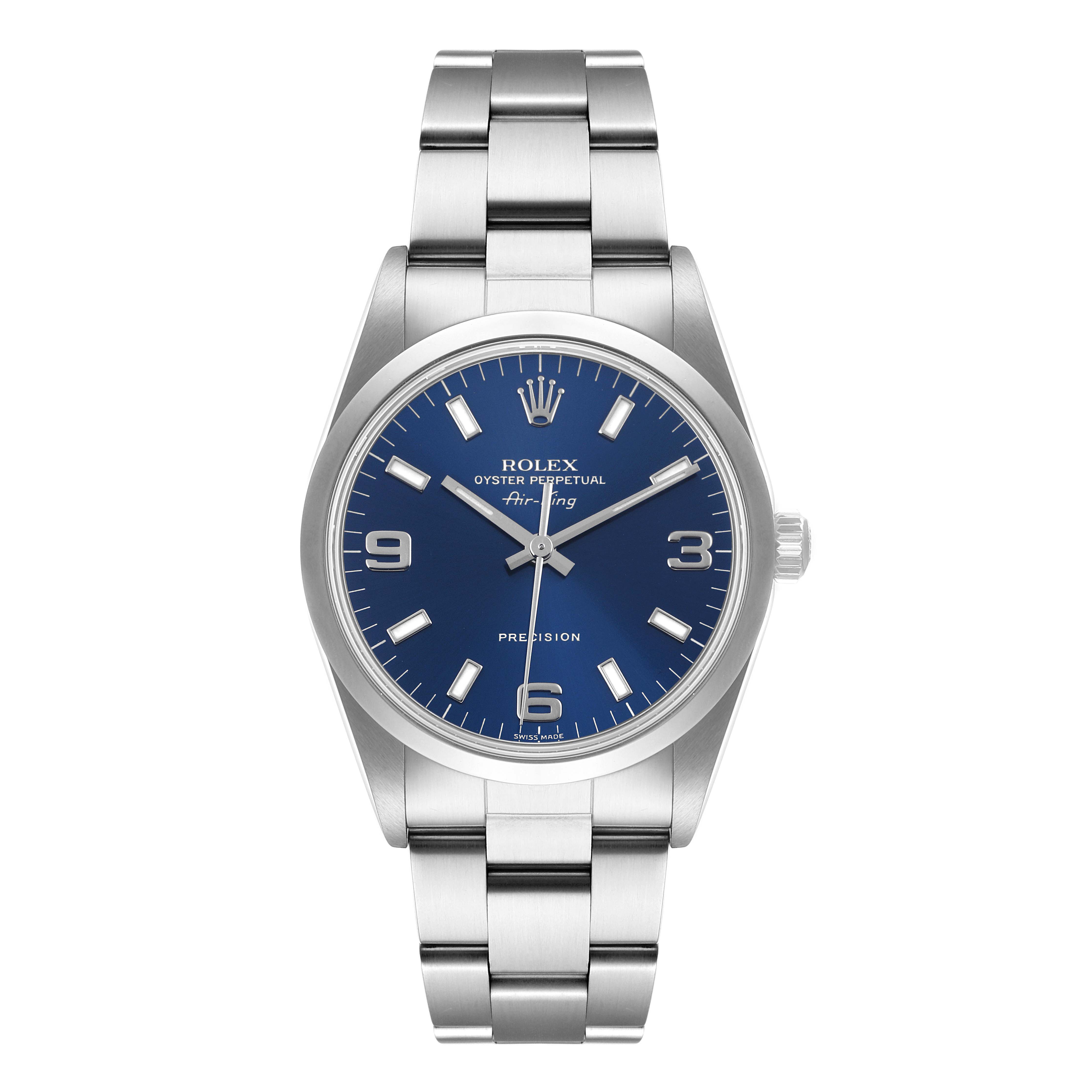 The image shows a front view of the Rolex Air-King 14000 Men's Stainless Steel Blue Dial 14000 Men's Stainless Steel Blue Dial watch, displaying its blue dial, silver bracelet, and crown.