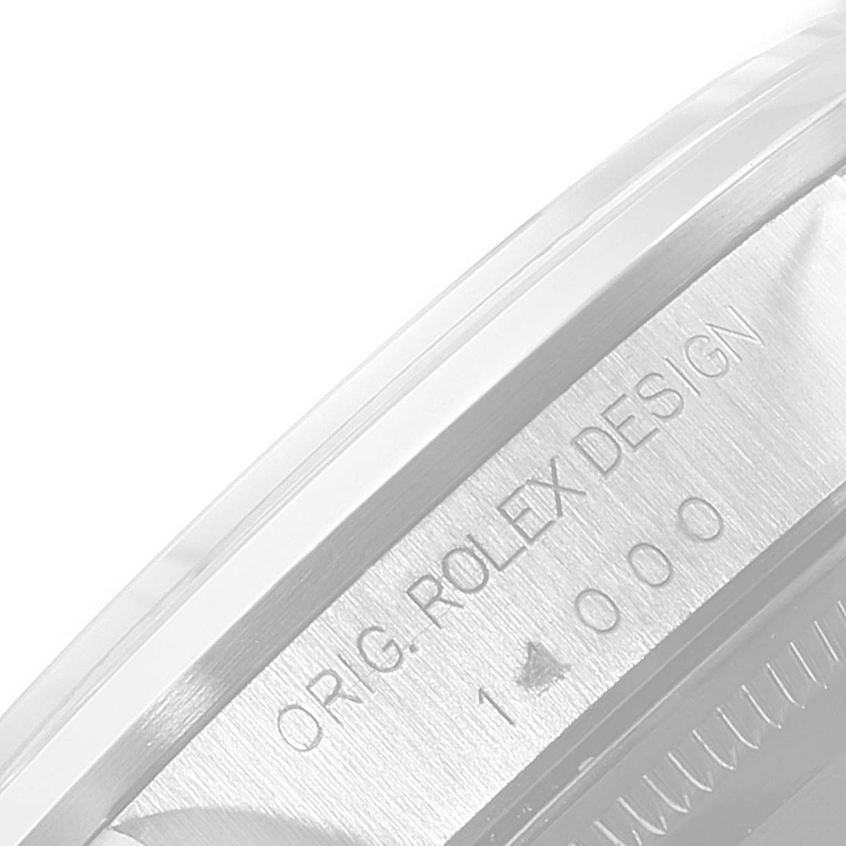 The image shows a close-up of the engraved side detail of the Rolex Air-King 14000 Men's Stainless Steel Blue Dial 14000 Men's Stainless Steel Blue Dial watch case.