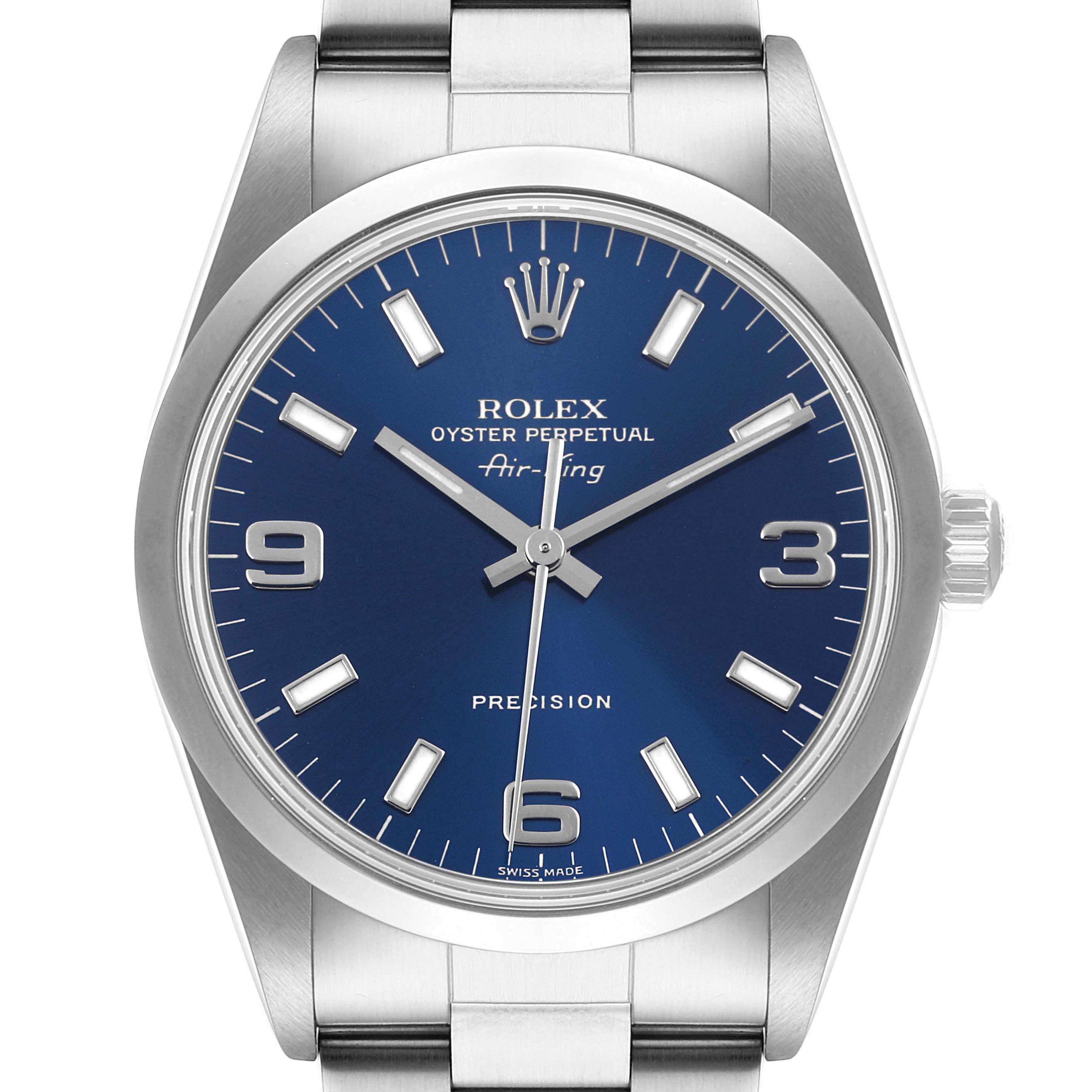 Front view of the Rolex Air-King 14000 Men's Stainless Steel Blue Dial 14000 Men's Stainless Steel Blue Dial watch displaying the dial, hour markers, and part of the stainless steel bracelet.