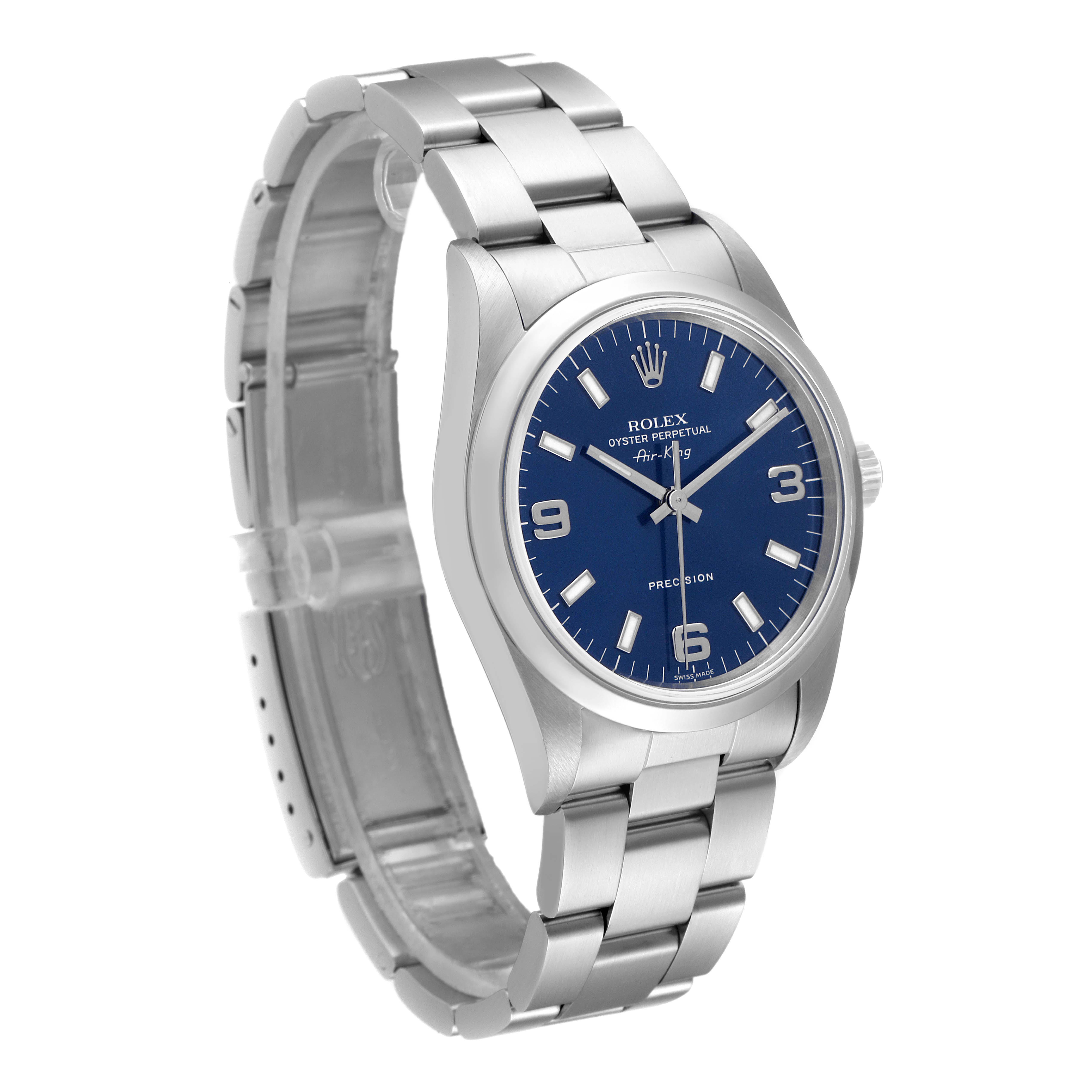 This Rolex Air-King 14000 Men's Stainless Steel Blue Dial 14000 Men's Stainless Steel Blue Dial watch is shown from a three-quarter angle, displaying the face, case, crown, and bracelet.