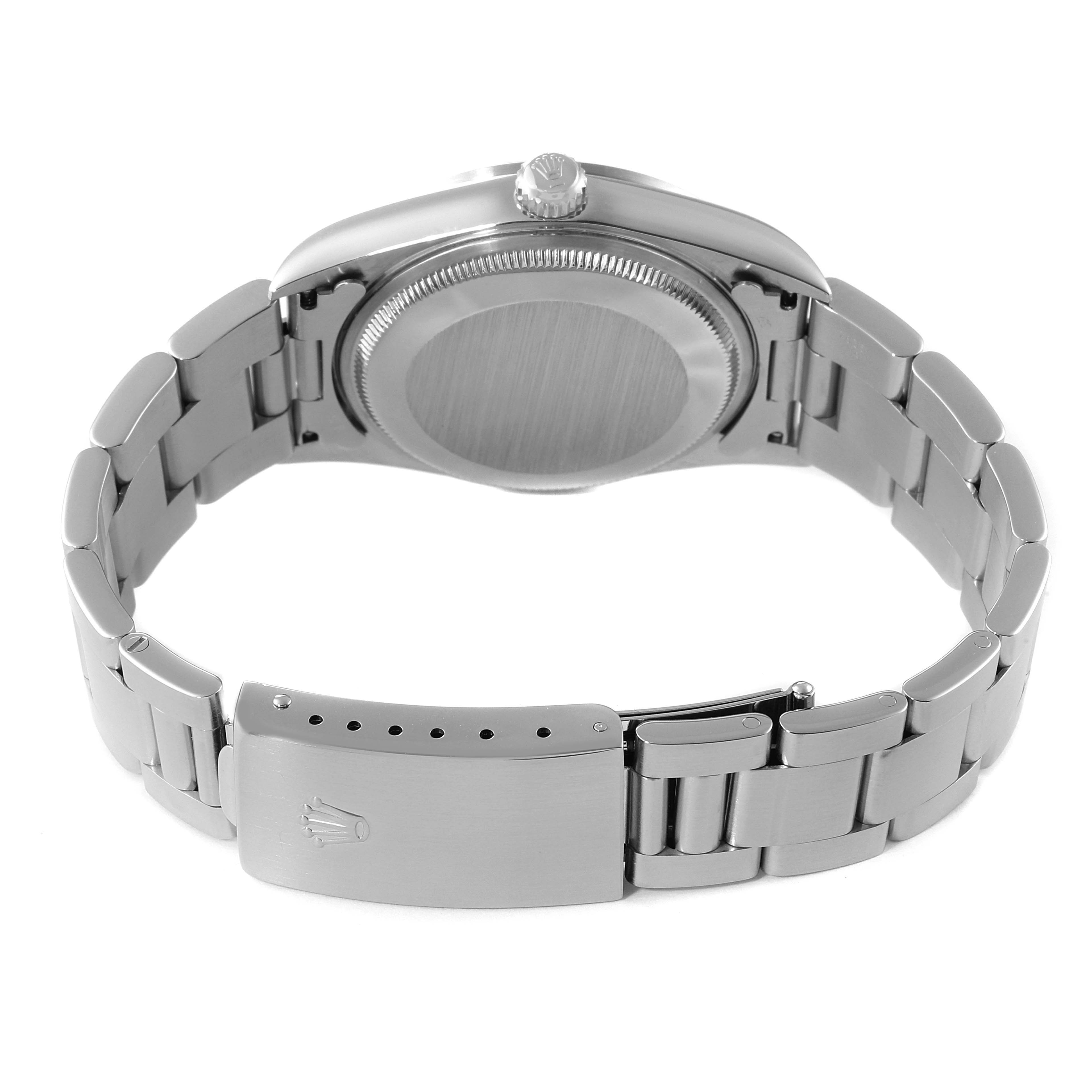 The image shows the back of a Rolex Air-King 14000 Men's Stainless Steel Blue Dial 14000 Men's Stainless Steel Blue Dial watch, highlighting the case back, crown, and bracelet with clasp.