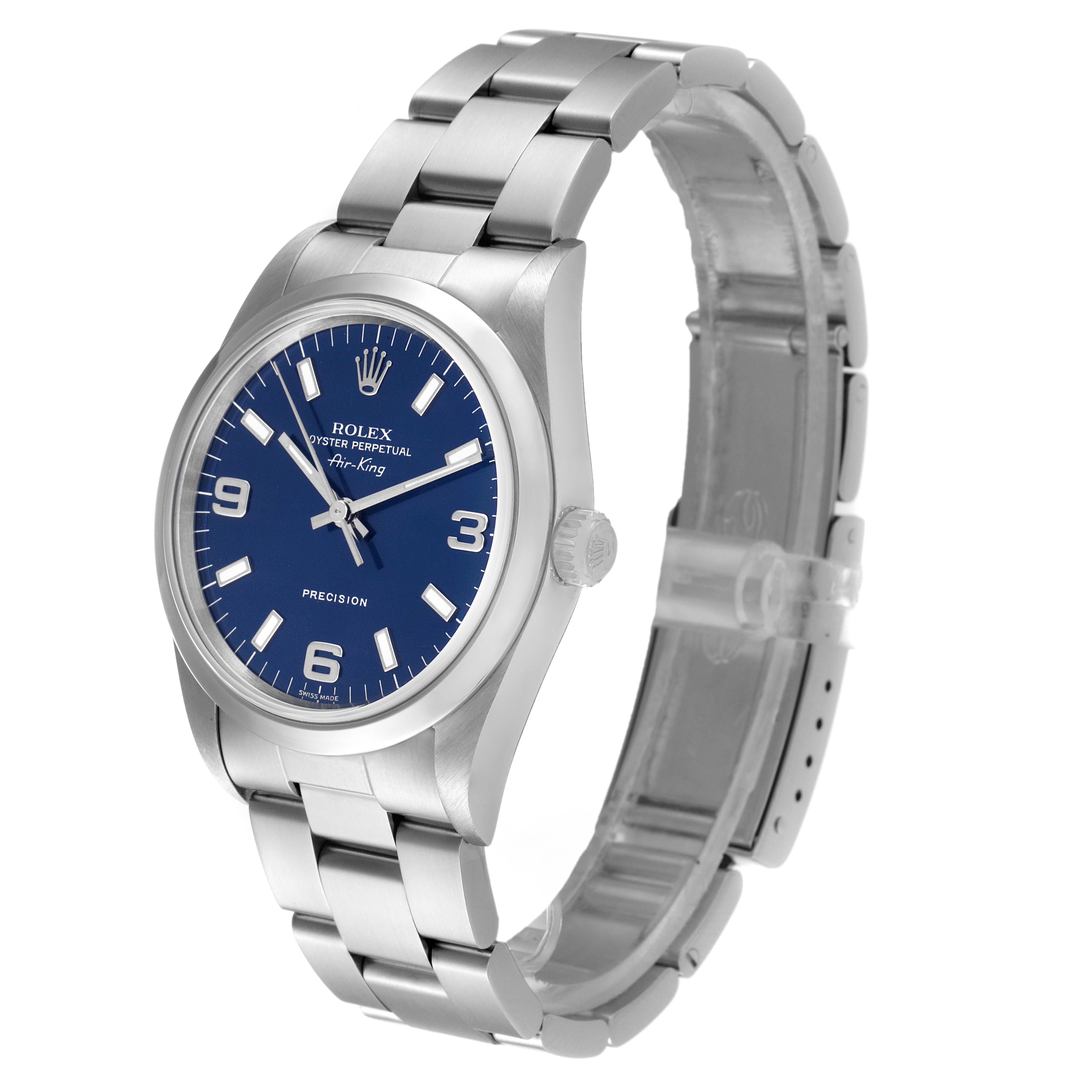 The Rolex Air-King 14000 Men's Stainless Steel Blue Dial 14000 Men's Stainless Steel Blue Dial watch is shown at a three-quarter angle, displaying its face, bezel, and stainless steel bracelet.