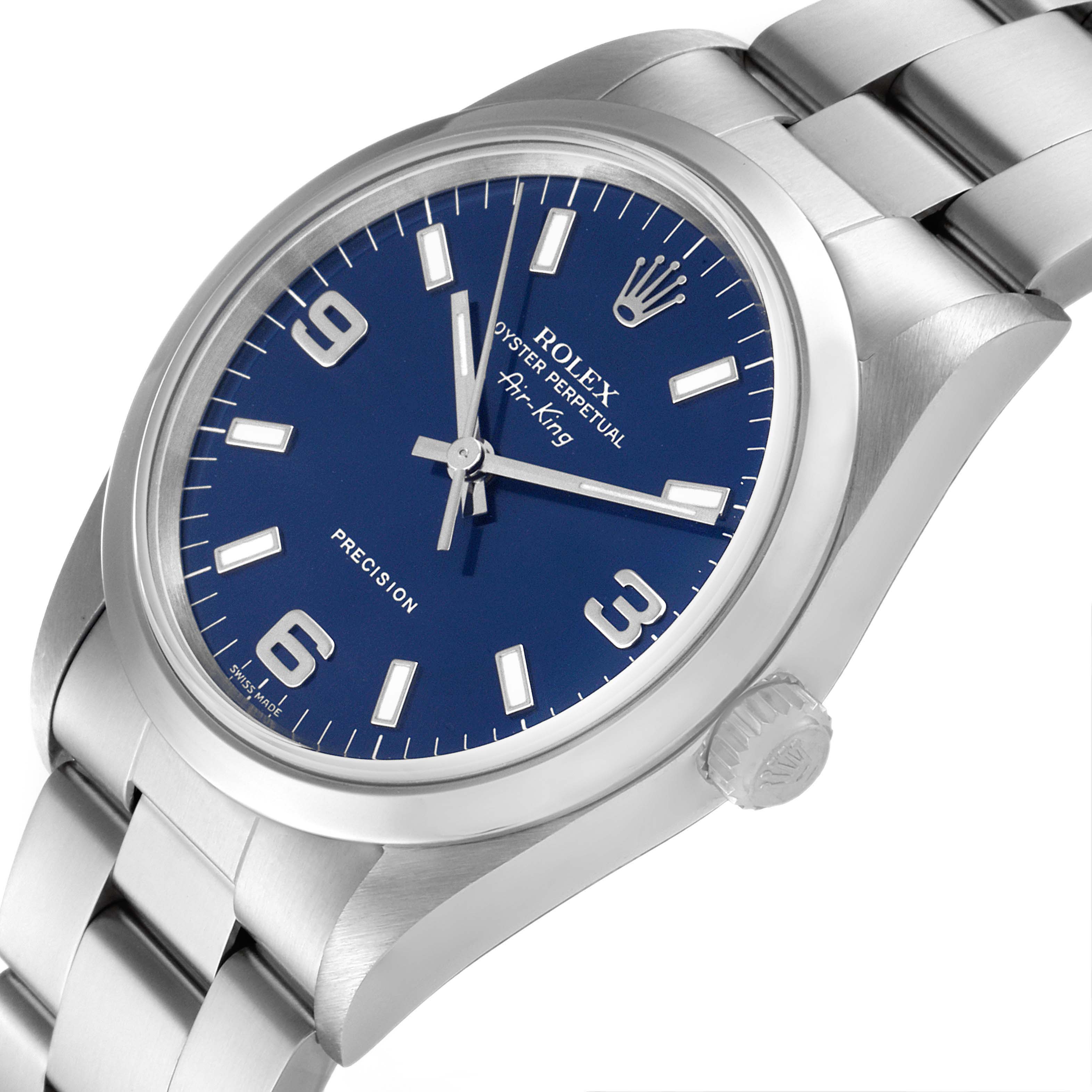 This image shows a close-up, angled view of a Rolex Air-King 14000 Men's Stainless Steel Blue Dial 14000 Men's Stainless Steel Blue Dial watch, highlighting the face, crown, and part of the bracelet.