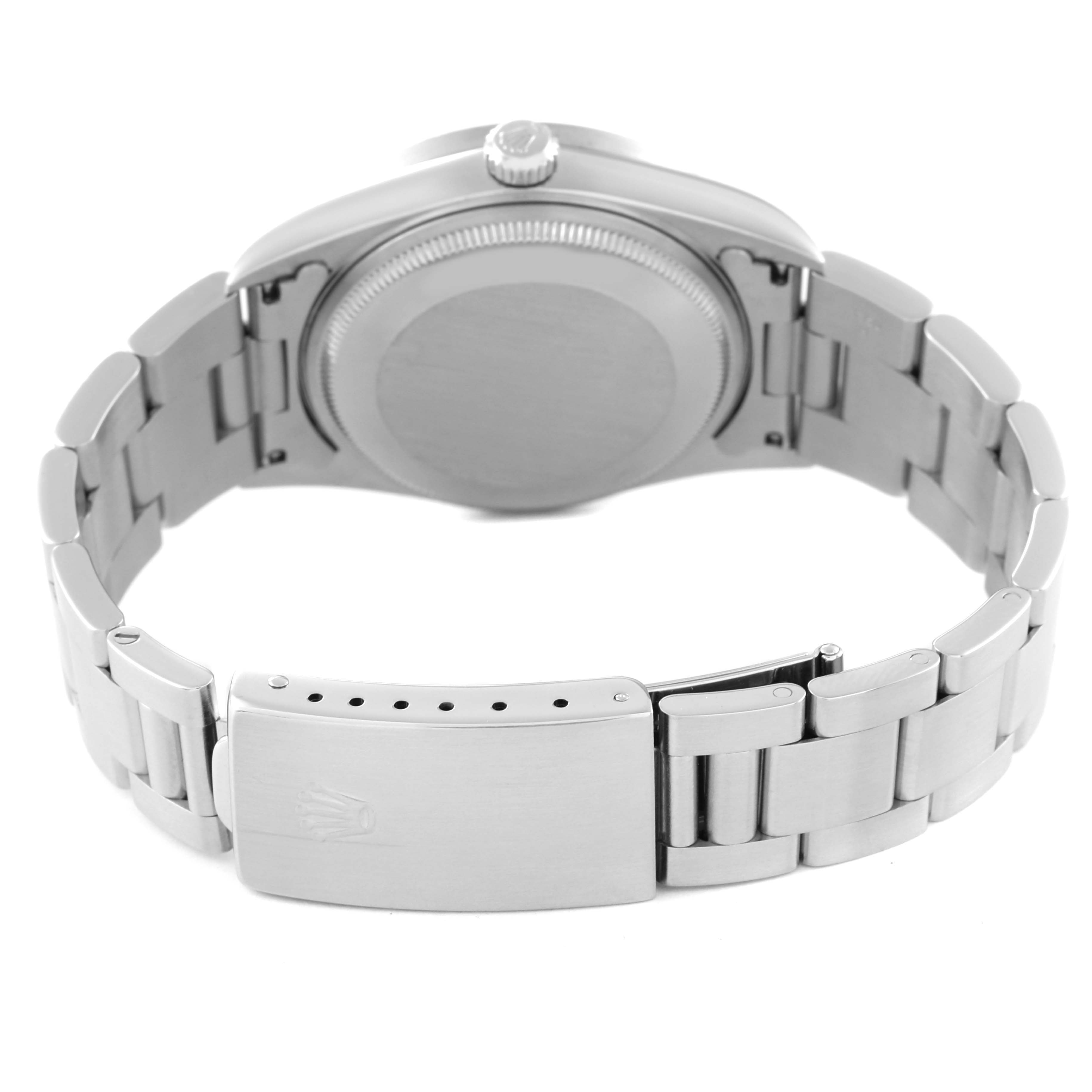 The image shows the back angle of the Rolex Air-King 14010 Men's Stainless Steel Blue Dial 14010 Men's Stainless Steel Blue Dial watch, highlighting its case, crown, and clasp.